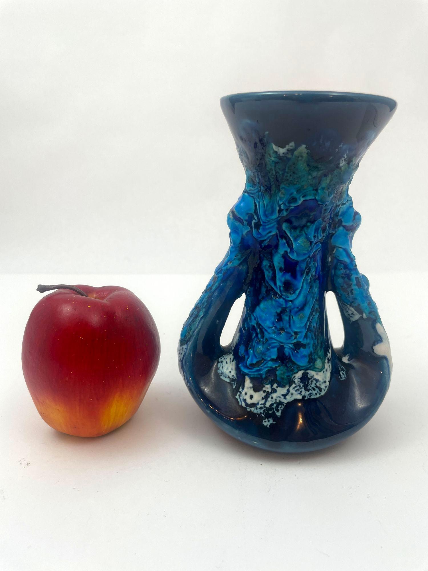 Vintage French Vallauris Turquoise and Cobalt Blue Glaze Ceramic Pottery Vase 