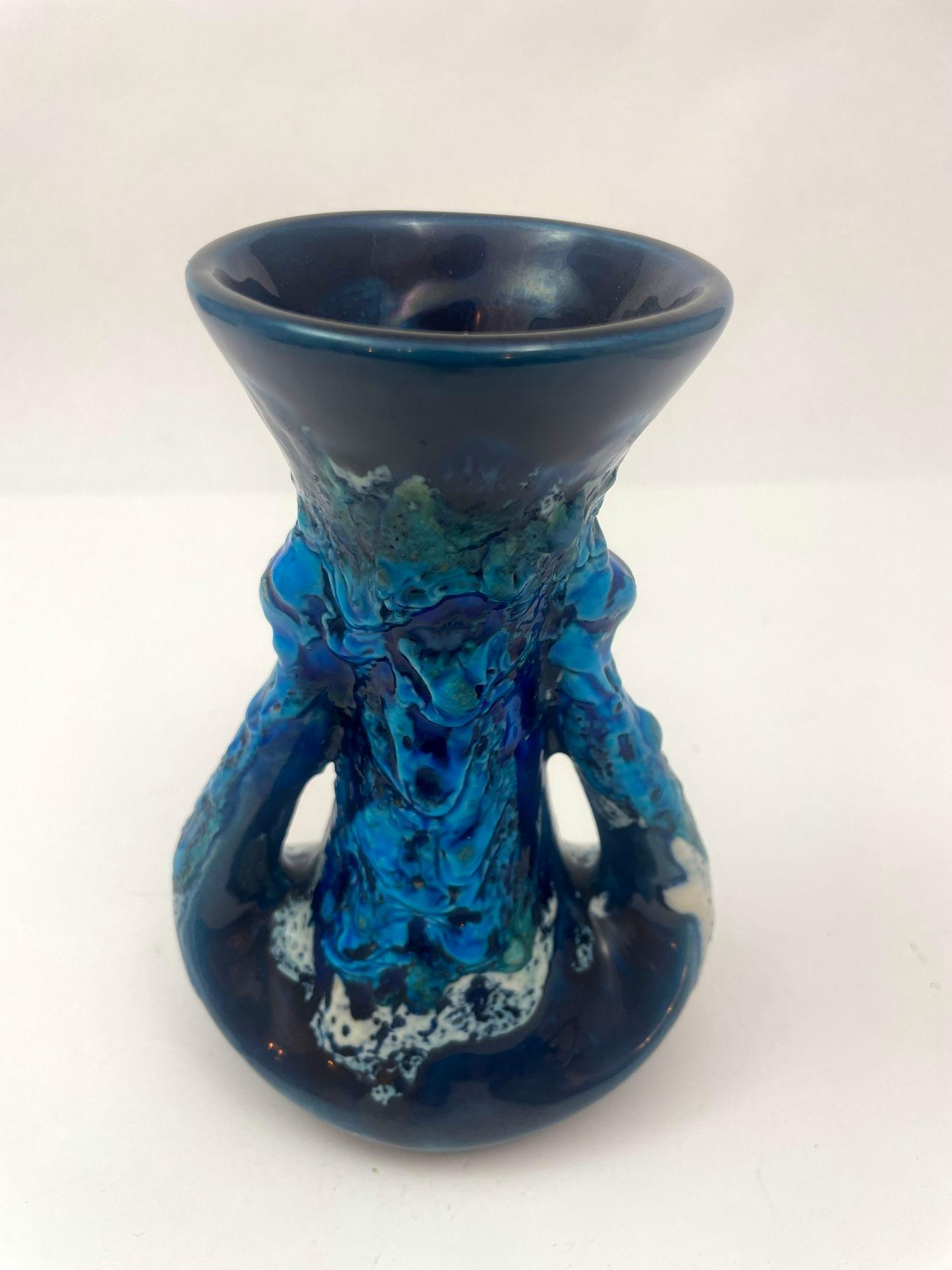 Mid-Century Modern VALLAURIS Blue Ceramic Vase Handcrafted in France 1950s For Sale