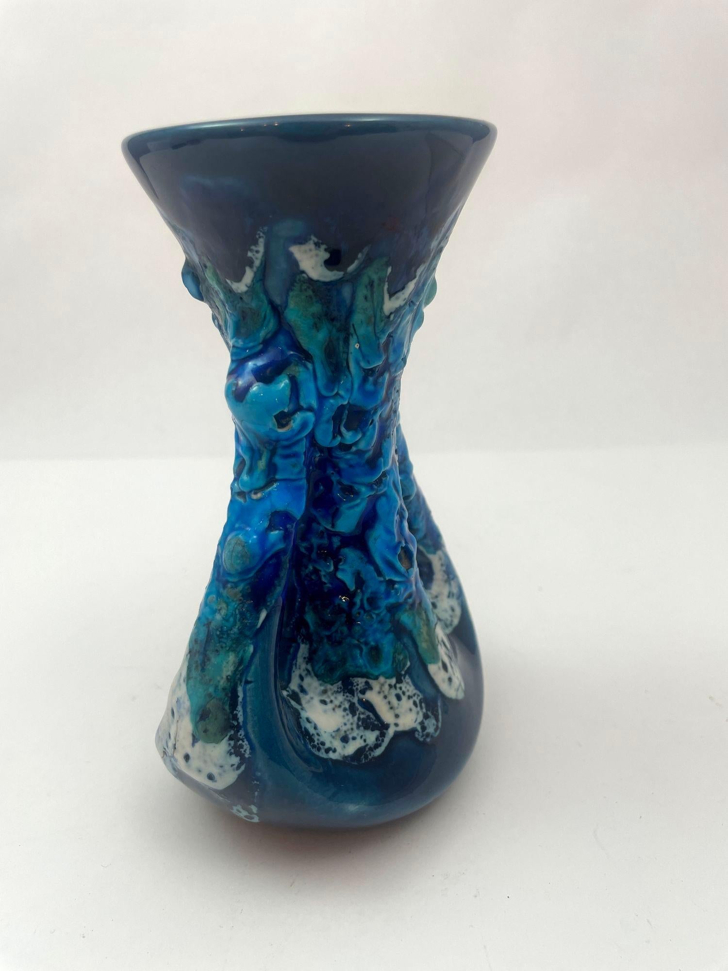 Hand-Carved VALLAURIS Blue Ceramic Vase Handcrafted in France 1950s For Sale