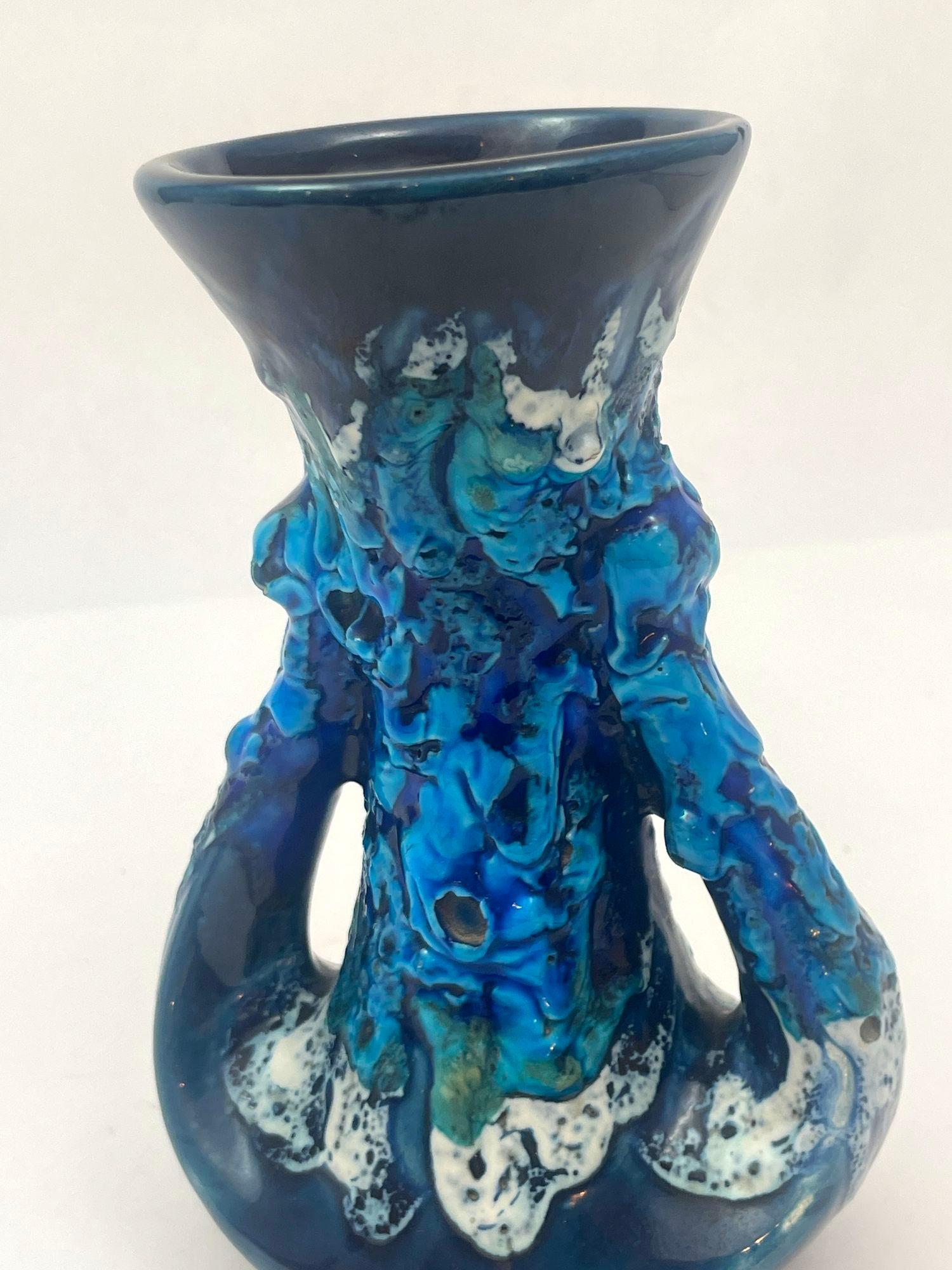 VALLAURIS Blue Ceramic Vase Handcrafted in France 1950s For Sale 2
