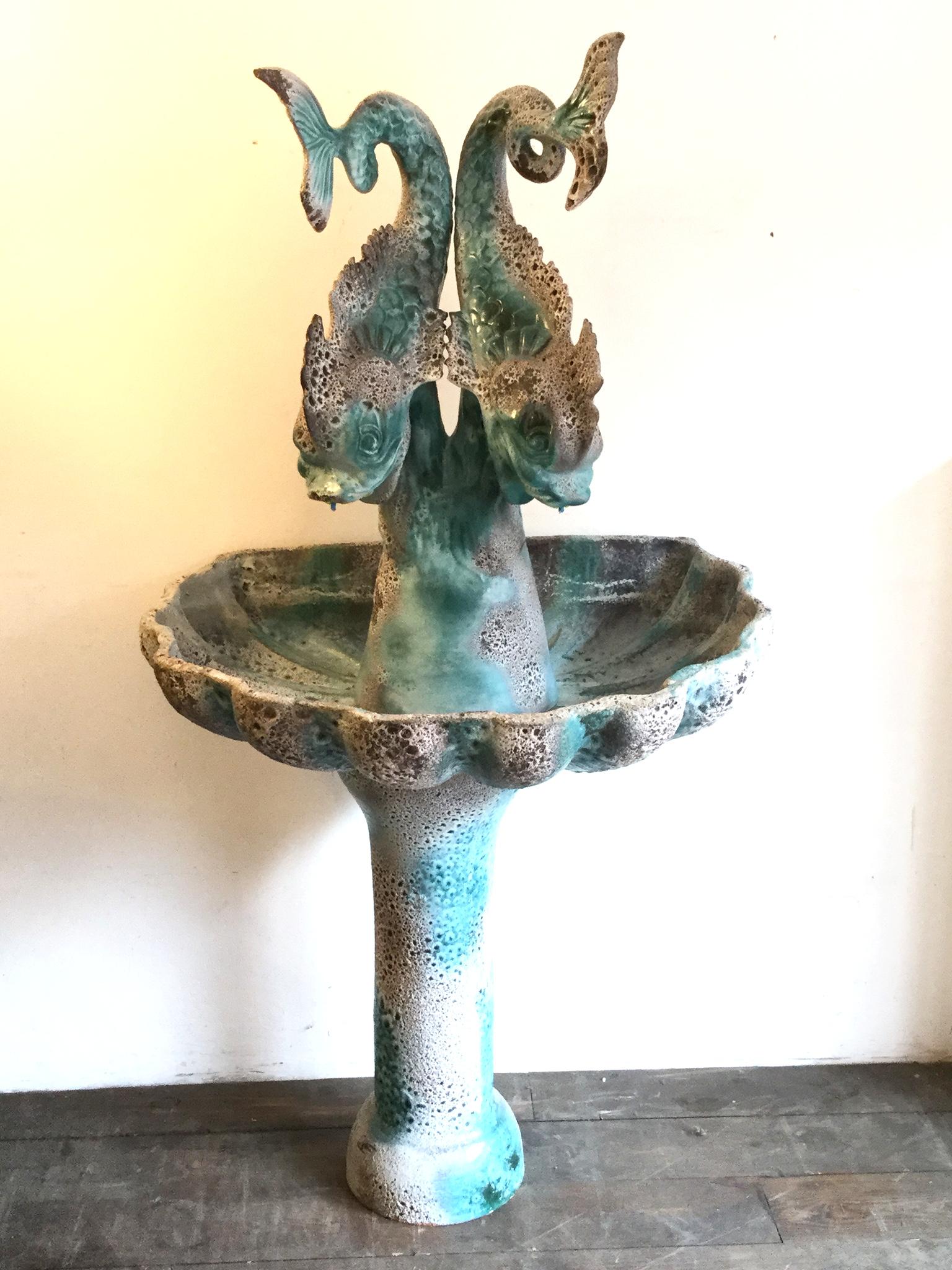 Mid-Century Modern Vallauris Ceramic Dolphins Fountain France 1950s