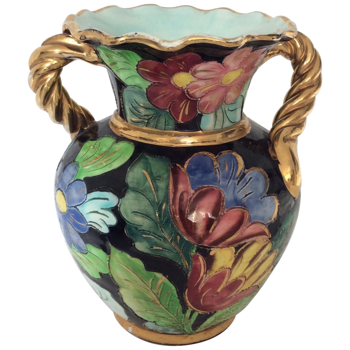 Midcentury Vallauris Ceramic Flowered Vase with Rope Shaped Handles