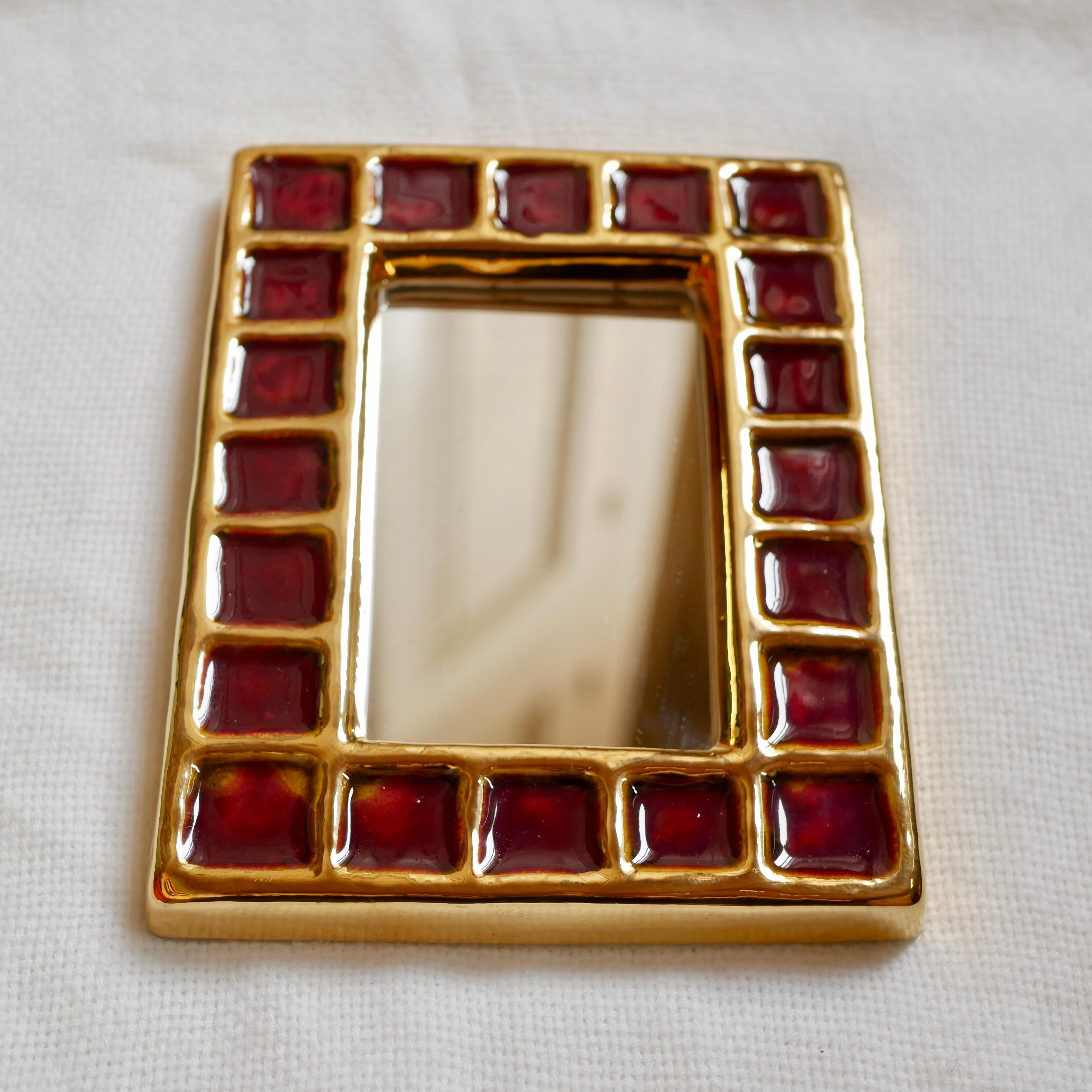 French Vallauris Ceramic Mirror by François Lembo, Gold and Red, 1960s
