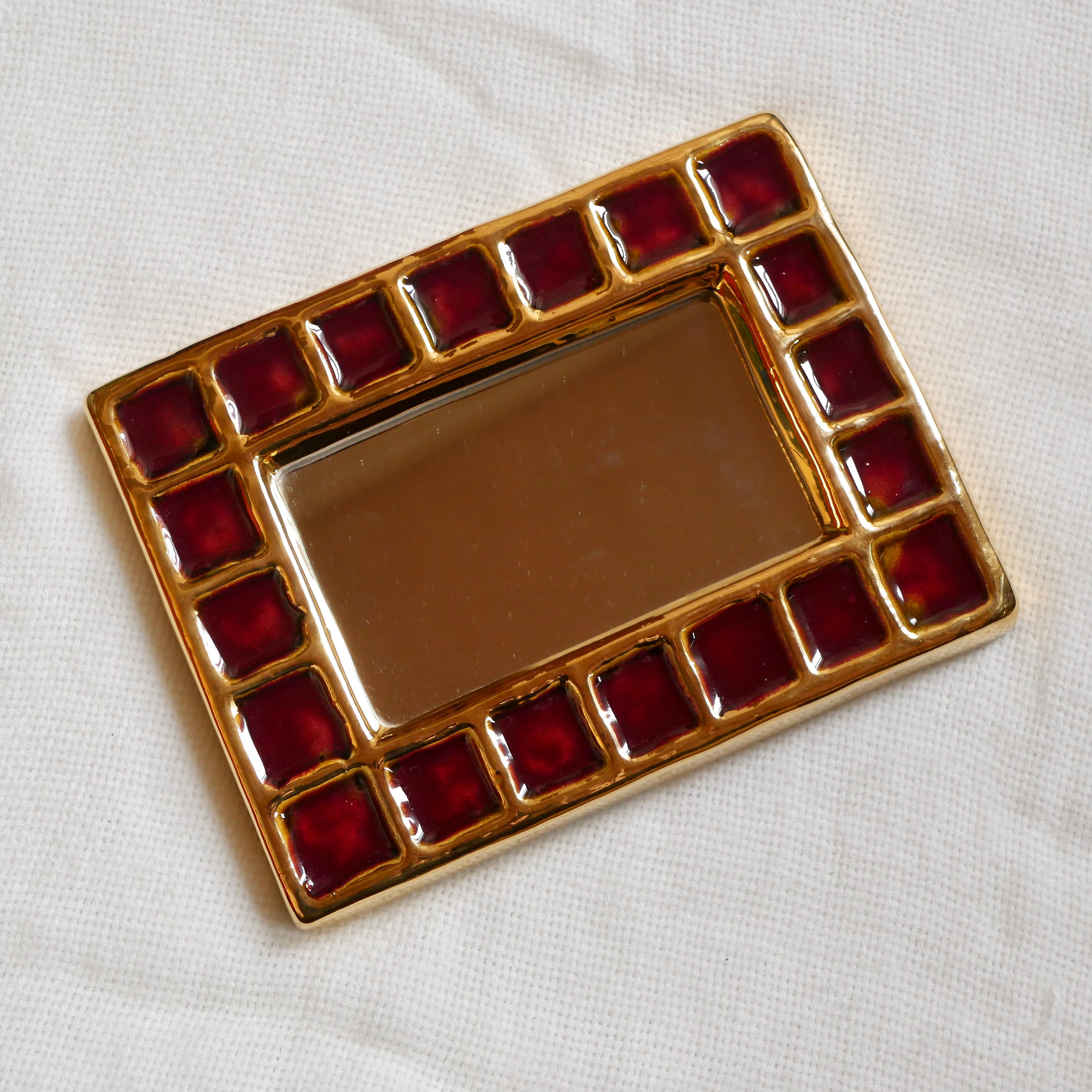 Vallauris Ceramic Mirror by François Lembo, Gold and Red, 1960s In Good Condition In LYON, FR