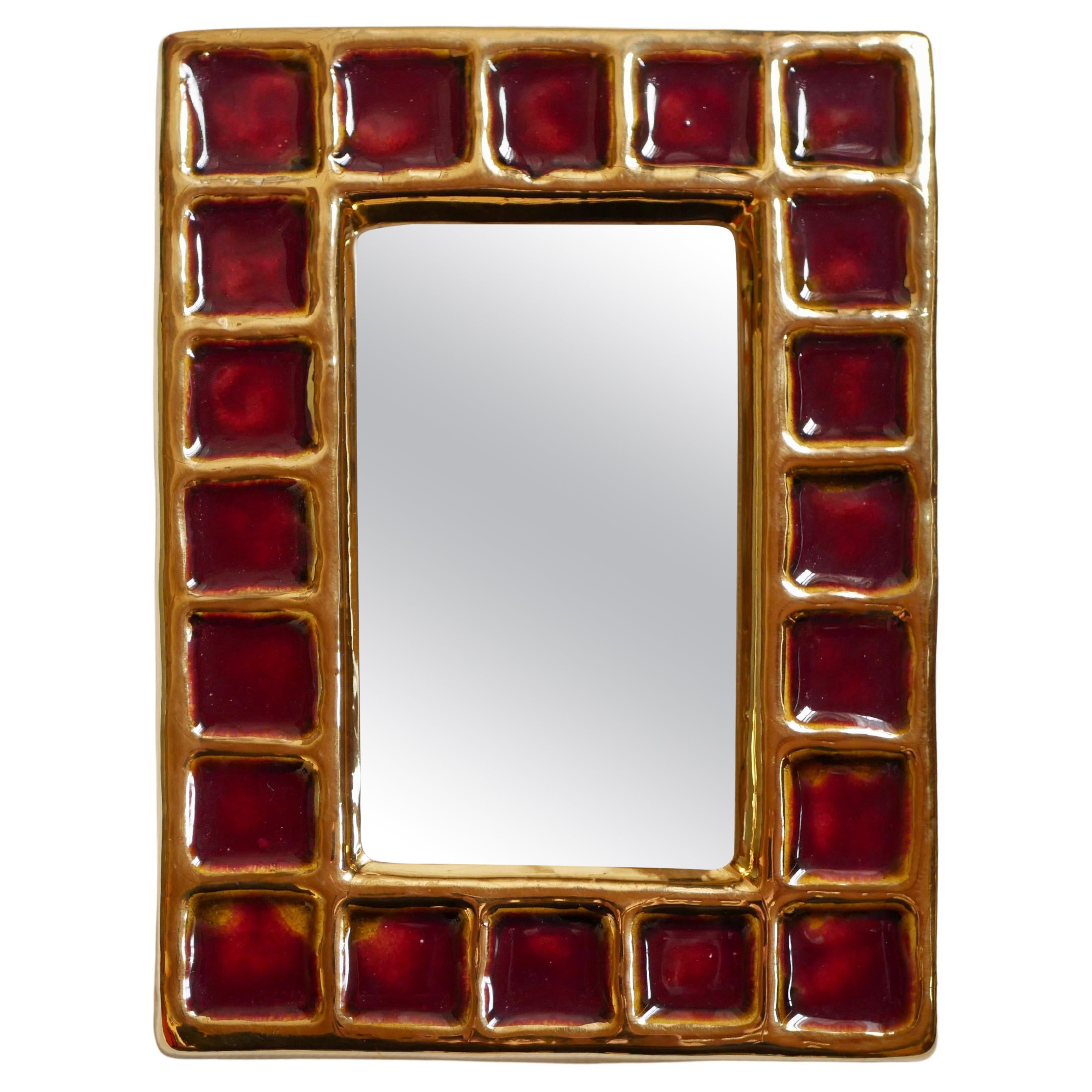 Miroir en céramique Vallauris par François Lembo, or et rouge, années 1960