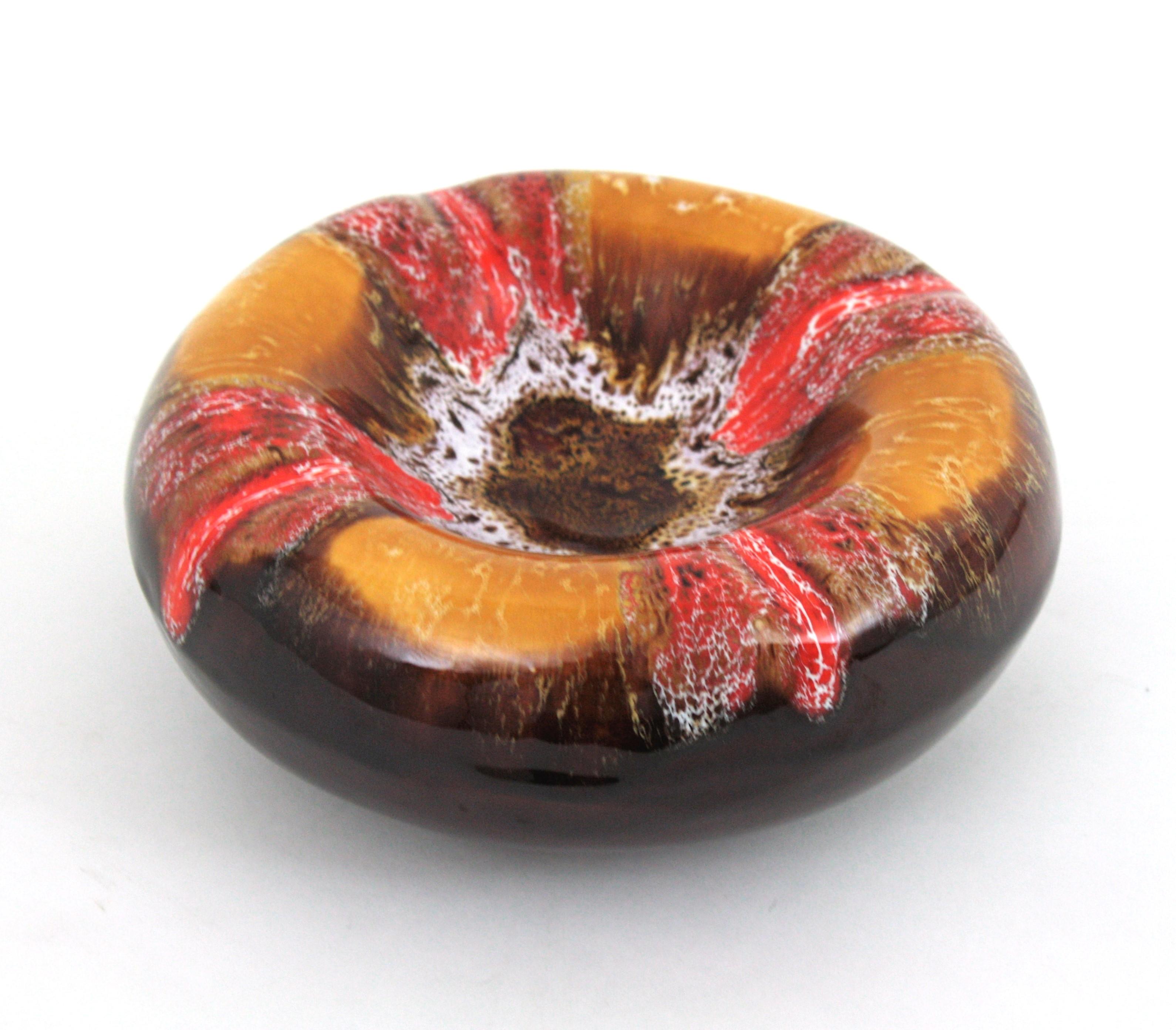 Vallauris Keramik Orange Bernstein Brown Fett Lava Runde Astray / Bowl,  1950s im Angebot 4