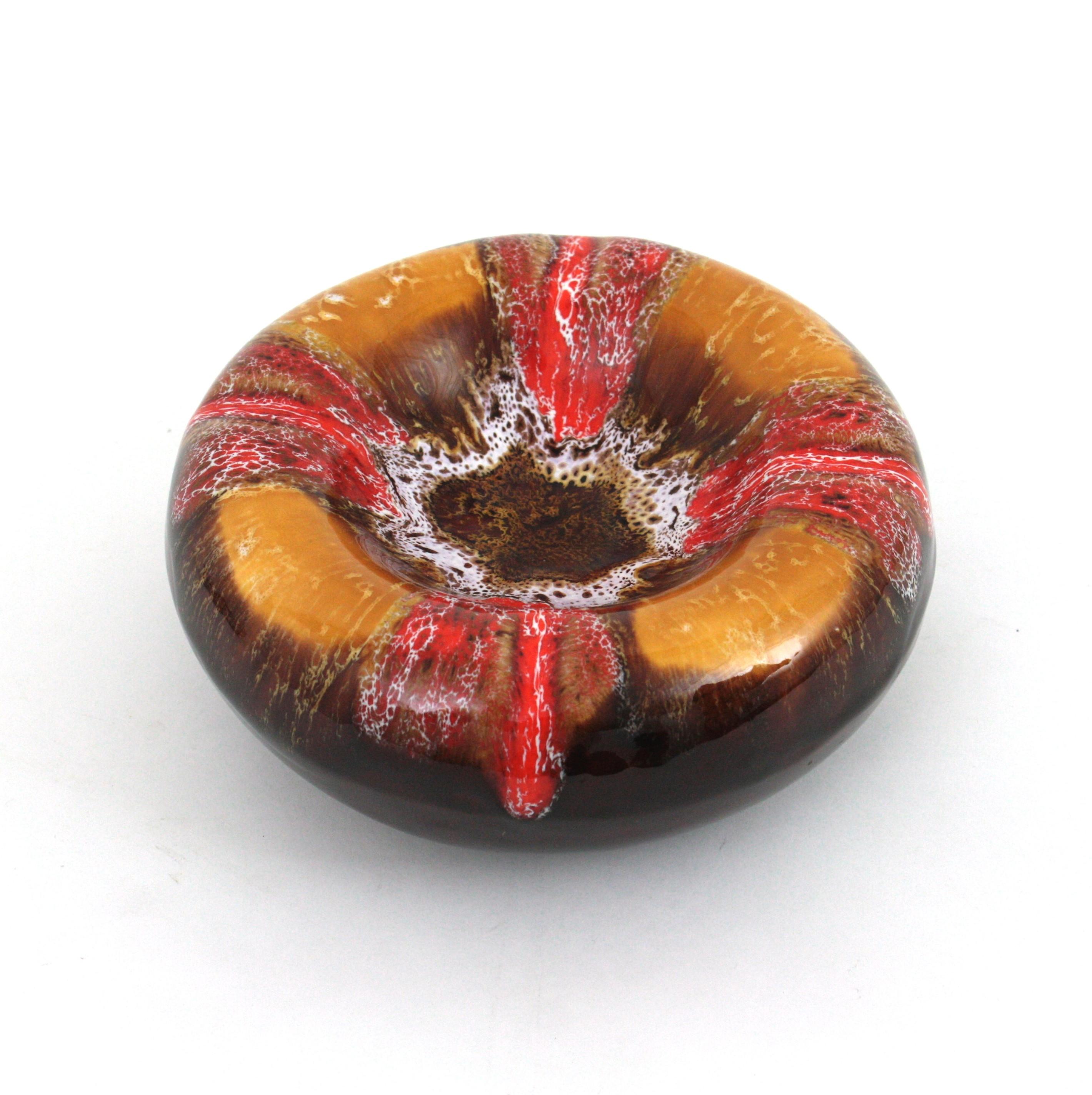 Vallauris Keramik Orange Bernstein Brown Fett Lava Runde Astray / Bowl,  1950s im Angebot 2