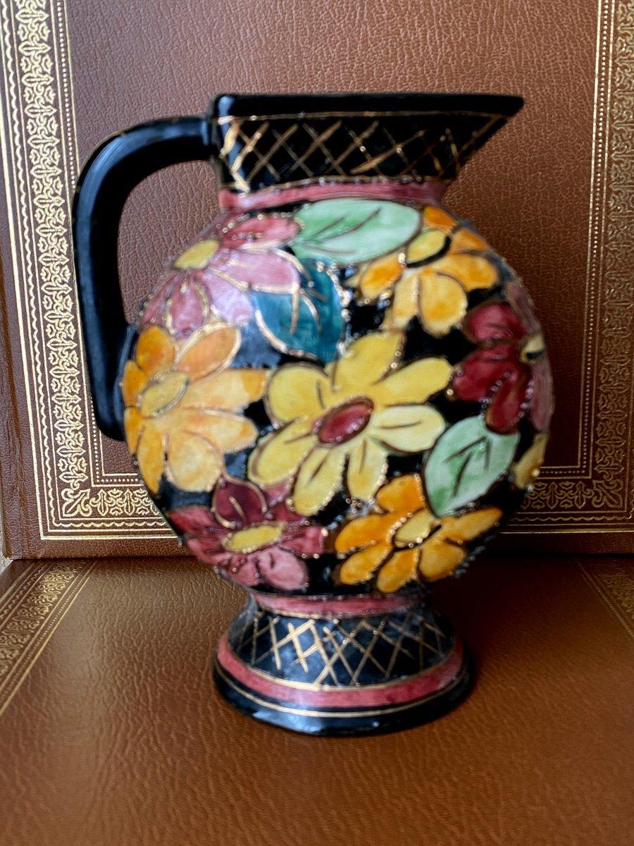 Vallauris Ceramic Pitcher, Monaco Decor, Hand Painted, Highlights of Gilding In Excellent Condition For Sale In CRÉTEIL, FR