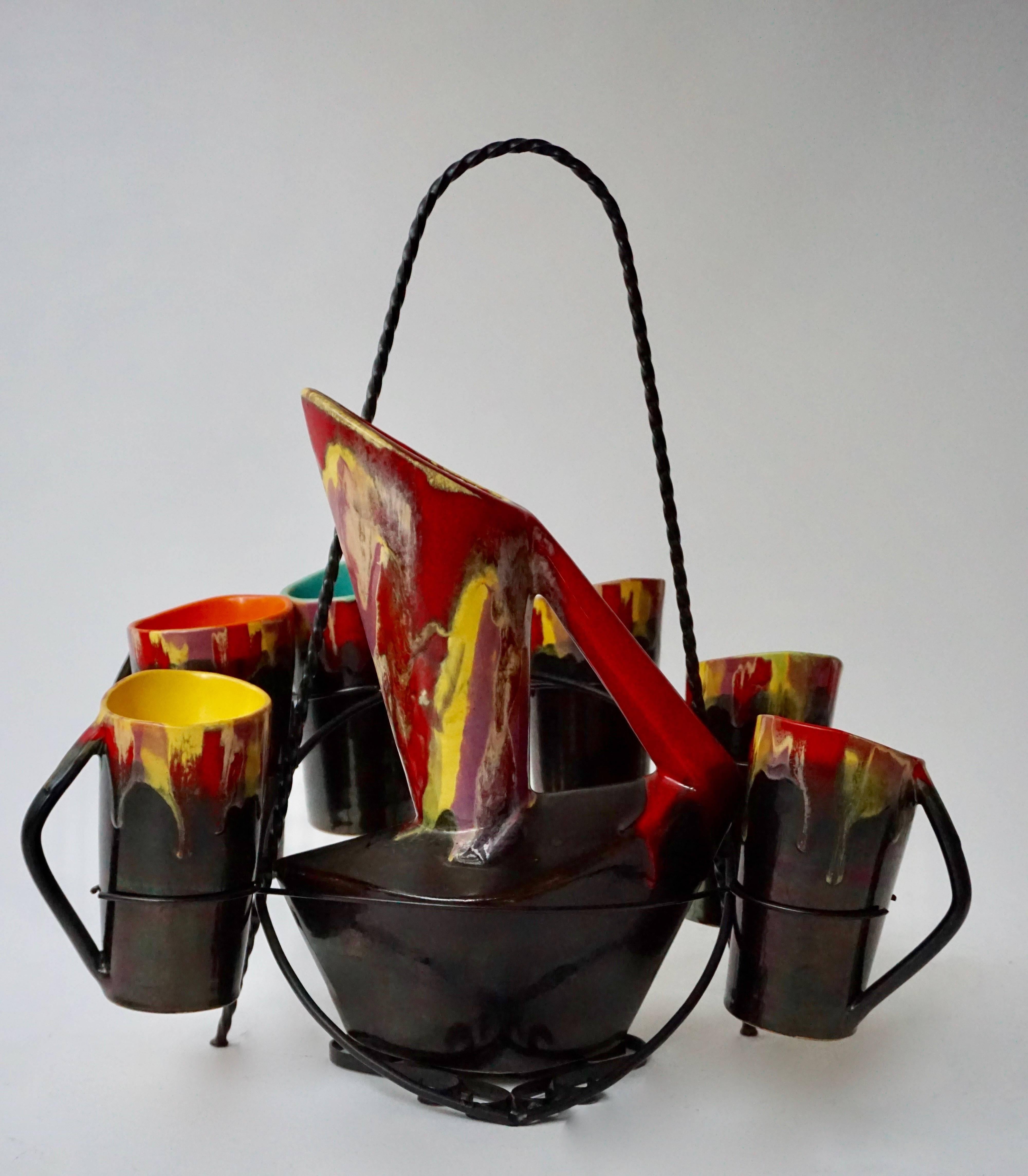 French Vallauris Ceramic Pitcher with Six Cups, France, 1950s For Sale