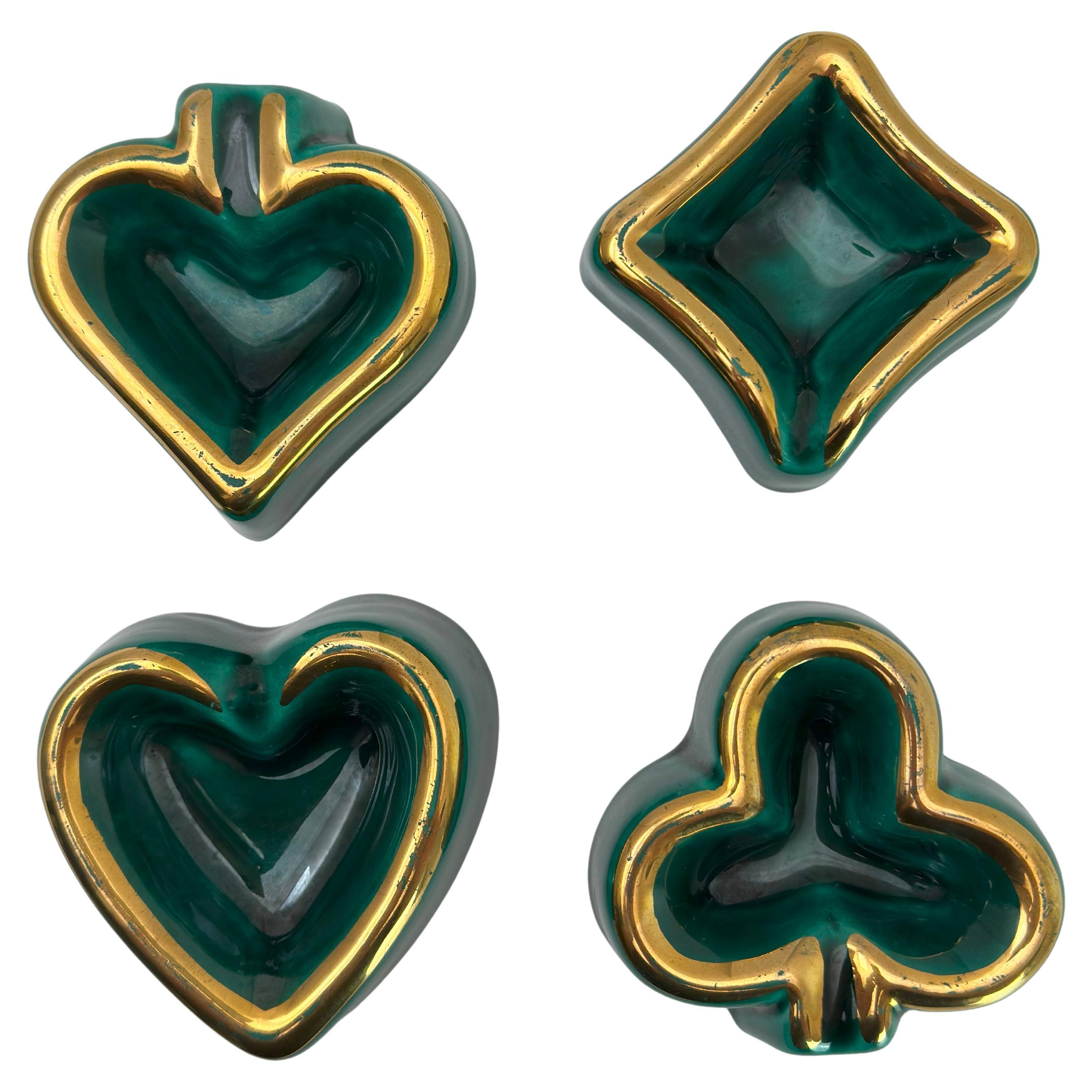 Vallauris Ceramic Poker Ashtray Set, Green Glazed with Gilt, France, 1960s