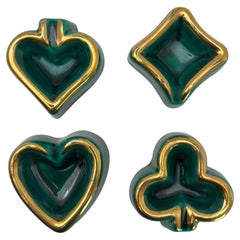 Vallauris Ceramic Poker Ashtray Set, Green Glazed with Gilt, France, 1960s
