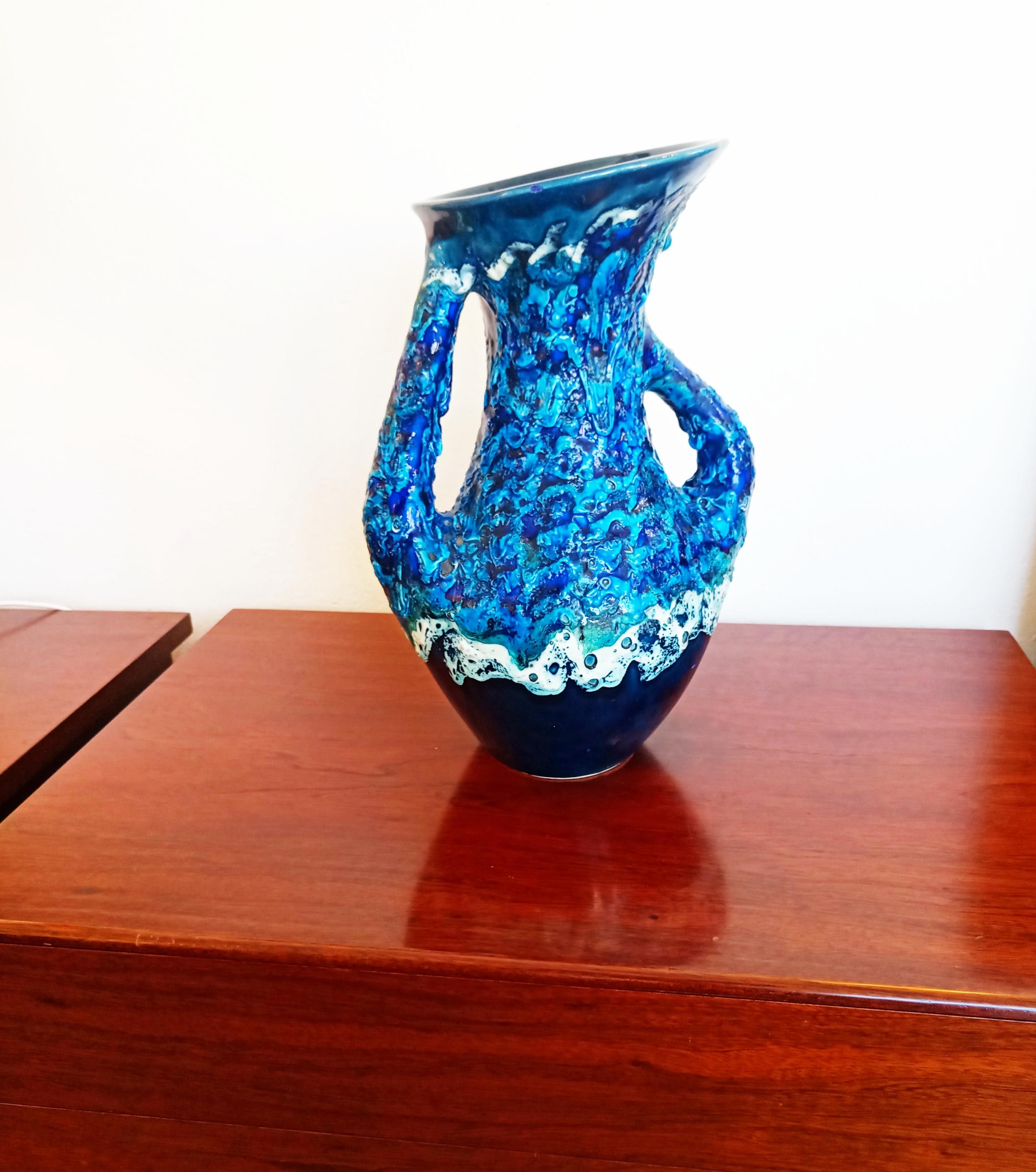 Beautiful Vallauris ceramic vase manufactured in France in 1950s. In very good vintage condition. Sea ecum effect.