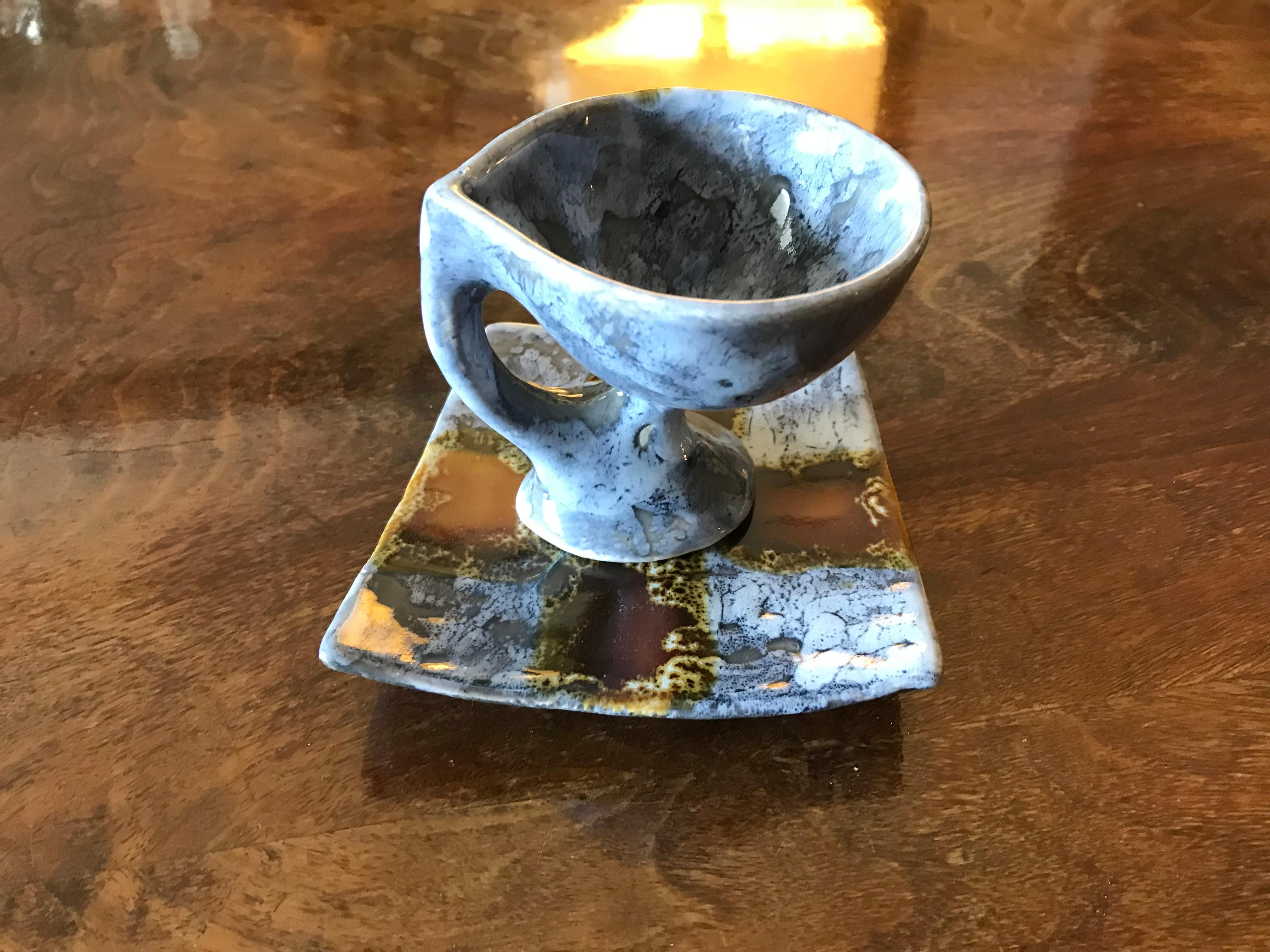 Mid-Century Modern Vallauris Coffee Set, Gray Brown Ceramic, France, 1950