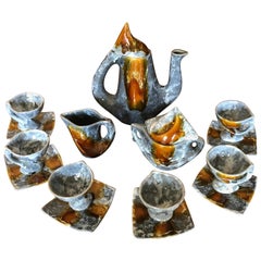 Vallauris Coffee Set, Gray Brown Ceramic, France, 1950