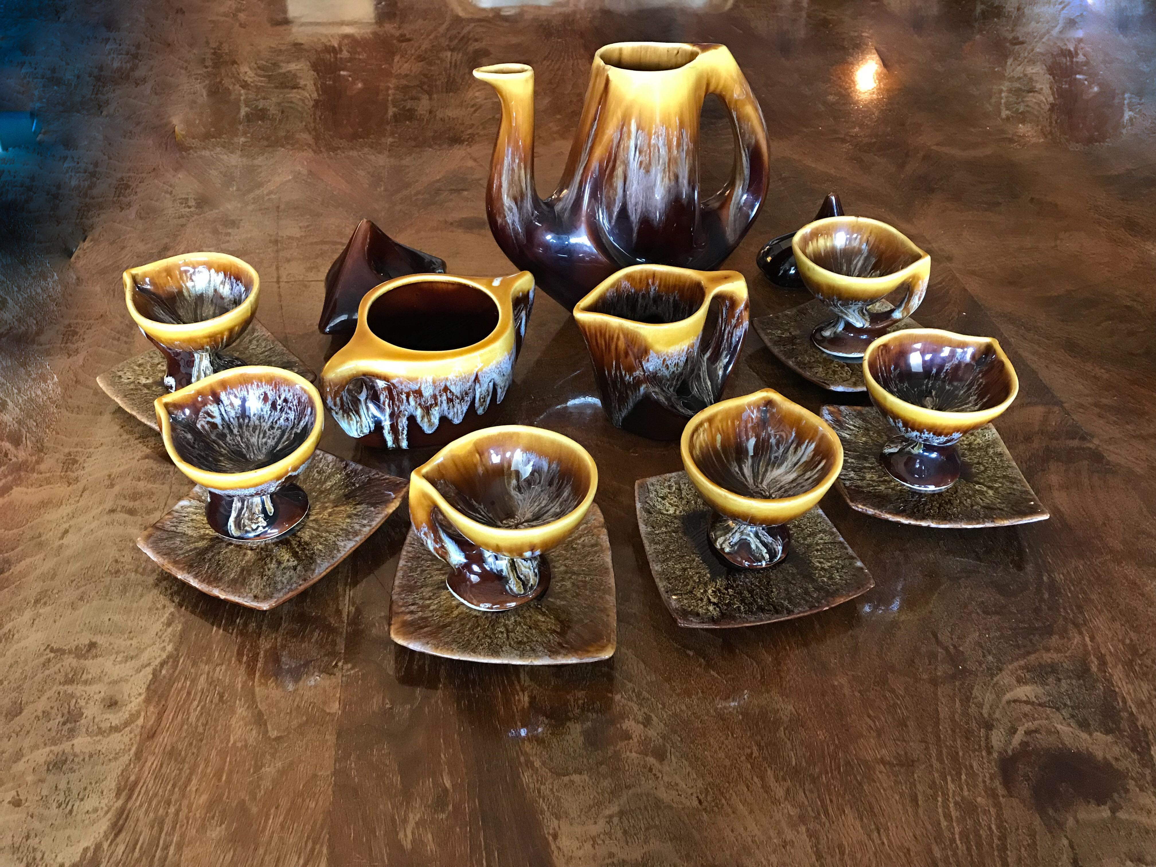 Vallauris Coffee Set Yellow Brown Ceramic, France, 1950 11