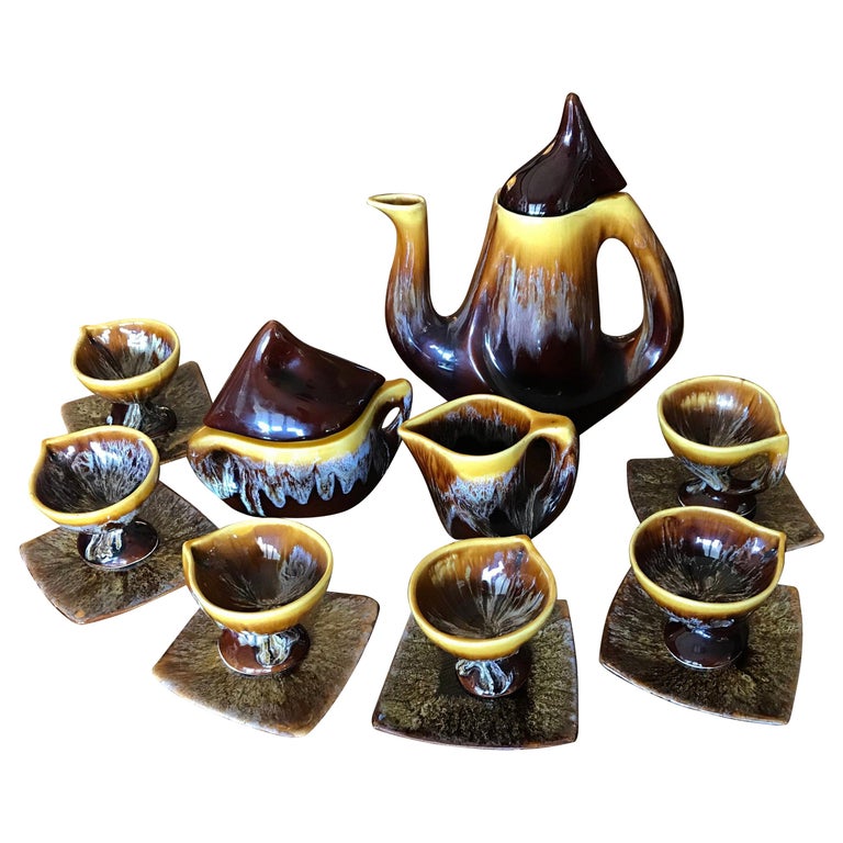 Vallauris Coffee Set Yellow Brown Ceramic, Mid-Century Modern, France, 1950 For Sale