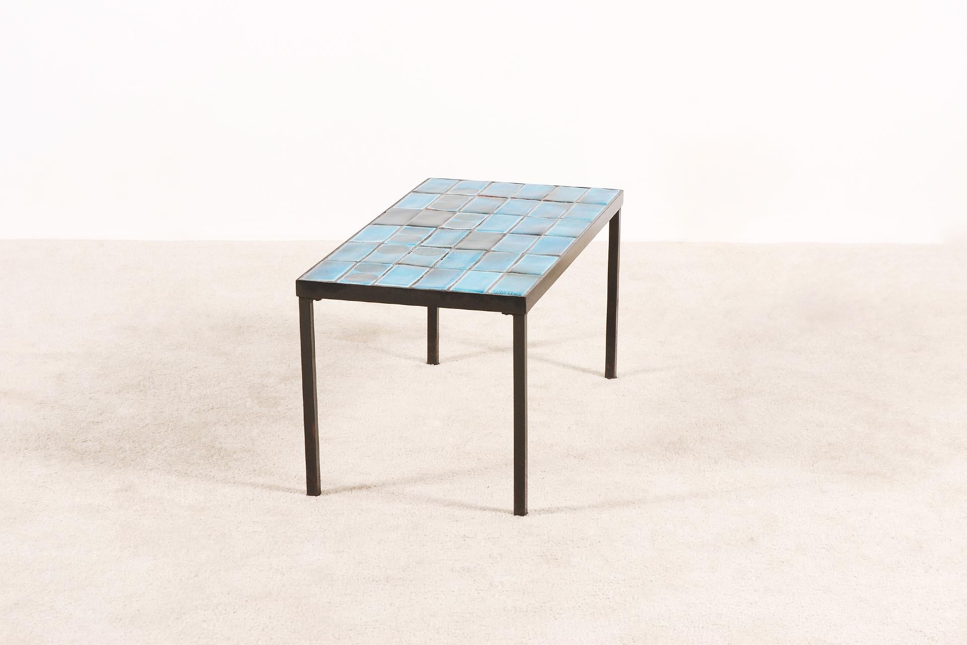 Mid-Century Modern Vallauris Coffee Table with Blue Ceramic Tiles, circa 1960