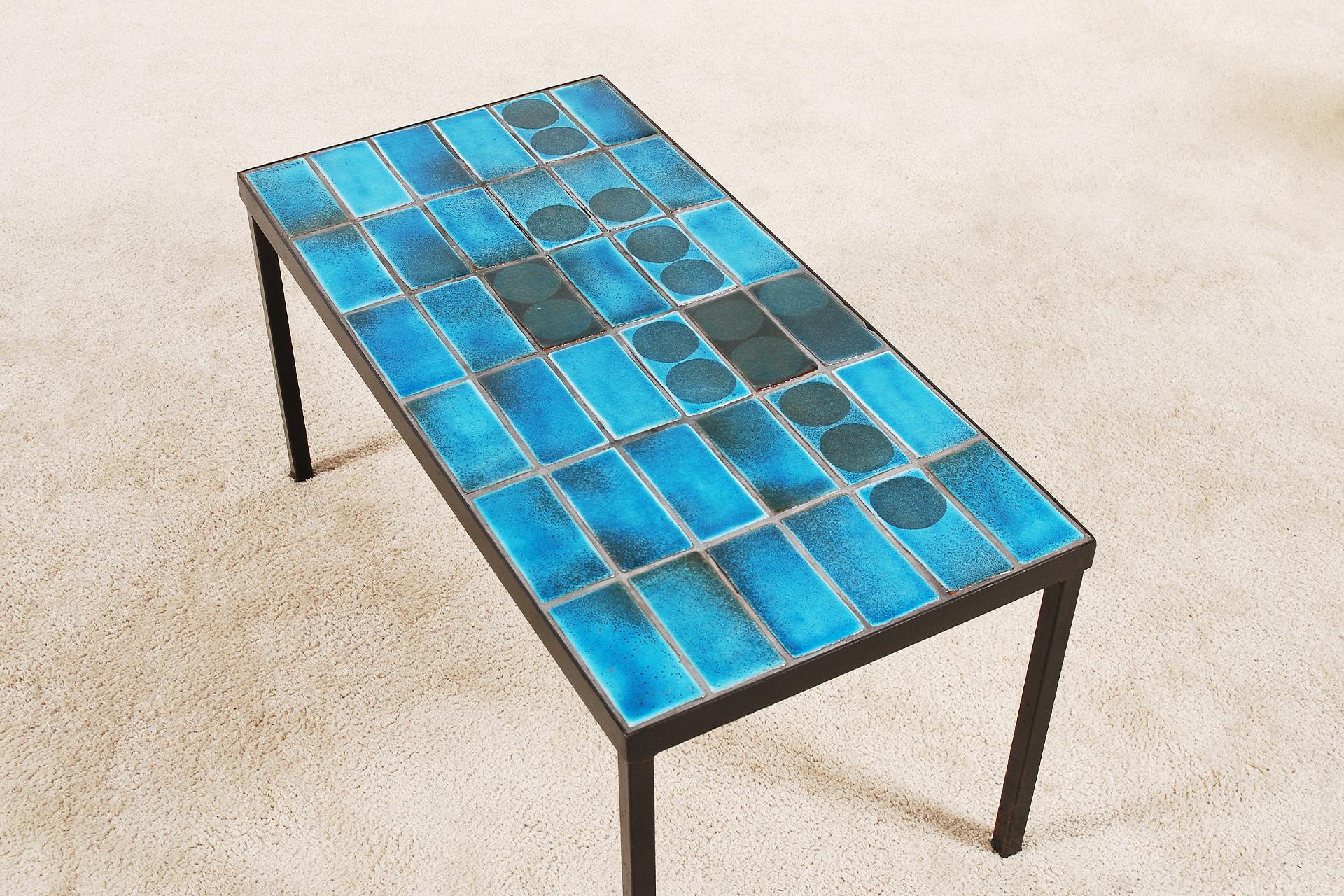 French Vallauris Coffee Table with Blue Ceramic Tiles, circa 1960
