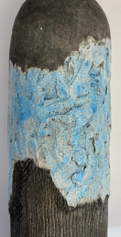 French Mid-Century Vallauris Fat Lava Style Blue Glazed Pottery Lidded Vase