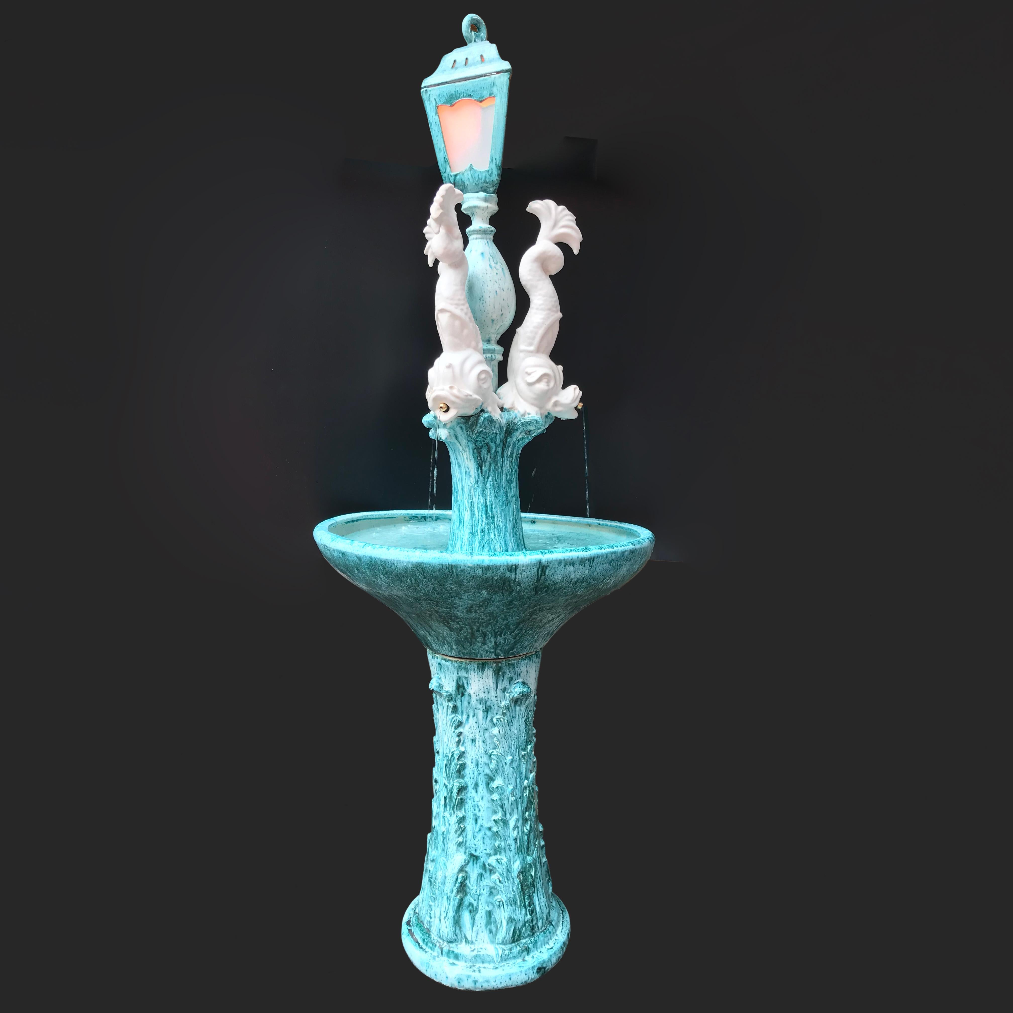 20th Century Vallauris, Fountain with Three Dolphins in Glazed Ceramic, Pair of Sconces, 1960