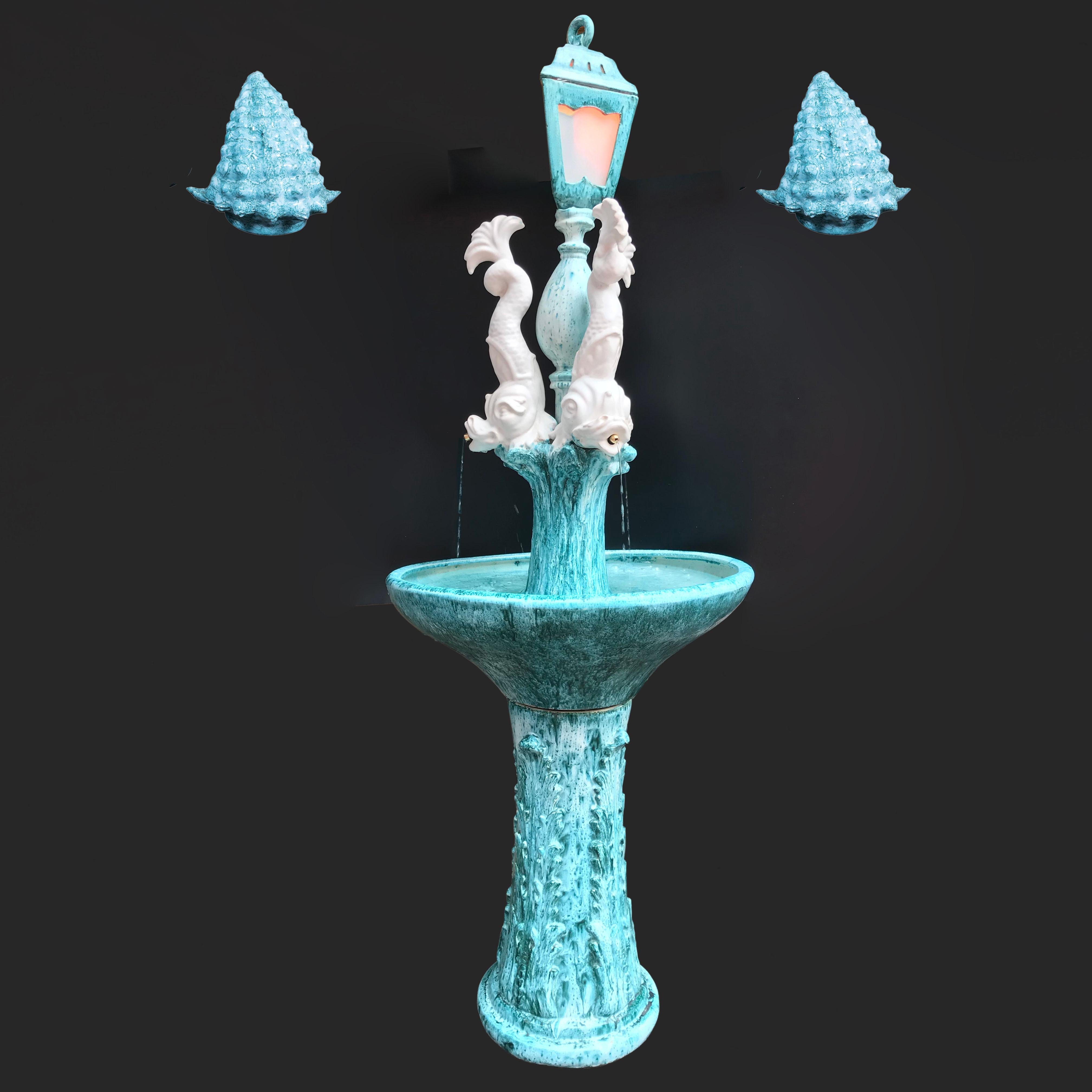 Vallauris, Fountain with Three Dolphins in Glazed Ceramic, Pair of Sconces, 1960 1