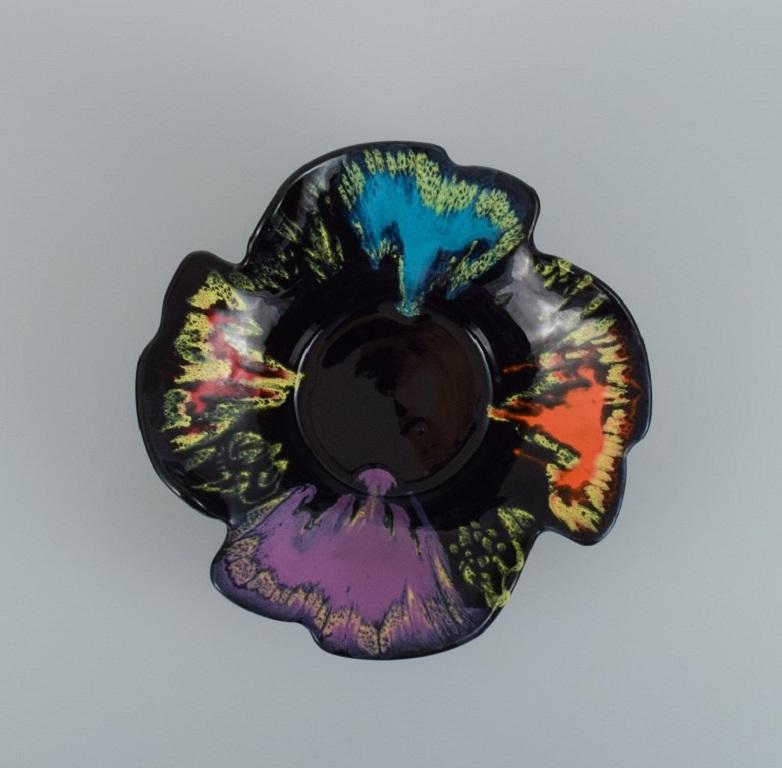 Glazed Vallauris, France, Ceramic Bowl in Brightly Colored Glazes on a Black Base For Sale