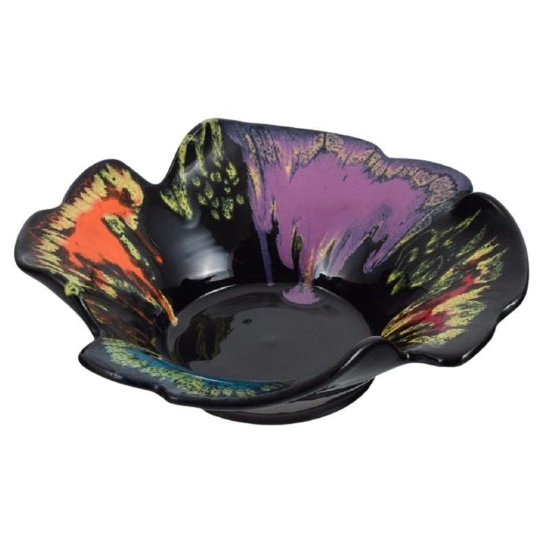 Vallauris, France, Ceramic Bowl in Brightly Colored Glazes on a Black Base