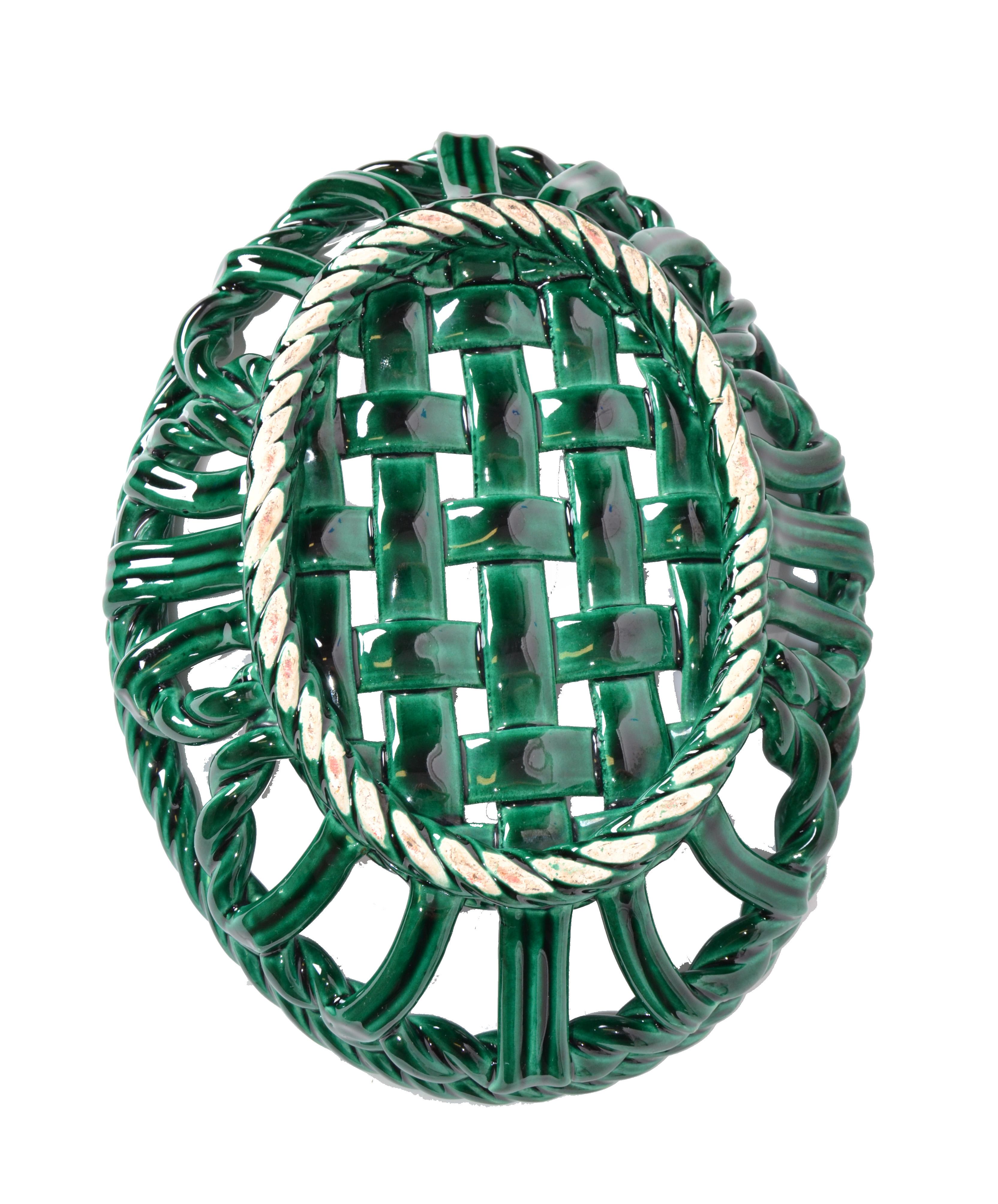 Vallauris France Glazed Ceramic Woven Green Basket, Bowl Century Modern Pottery 1