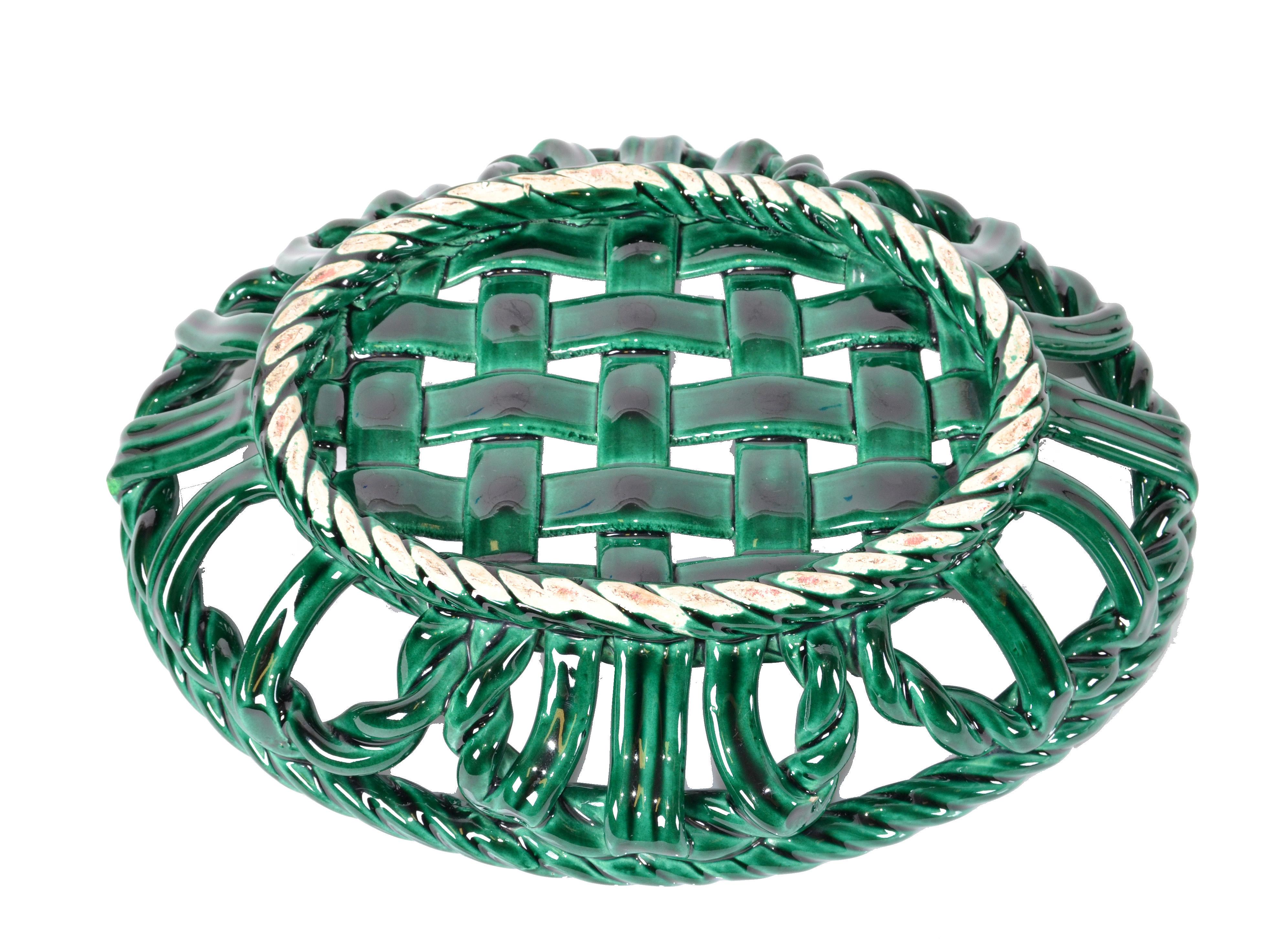 Vallauris France Glazed Ceramic Woven Green Basket, Bowl Century Modern Pottery 2