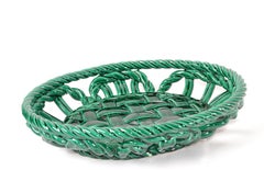 Vallauris France Glazed Ceramic Woven Green Basket, Bowl Century Modern Pottery