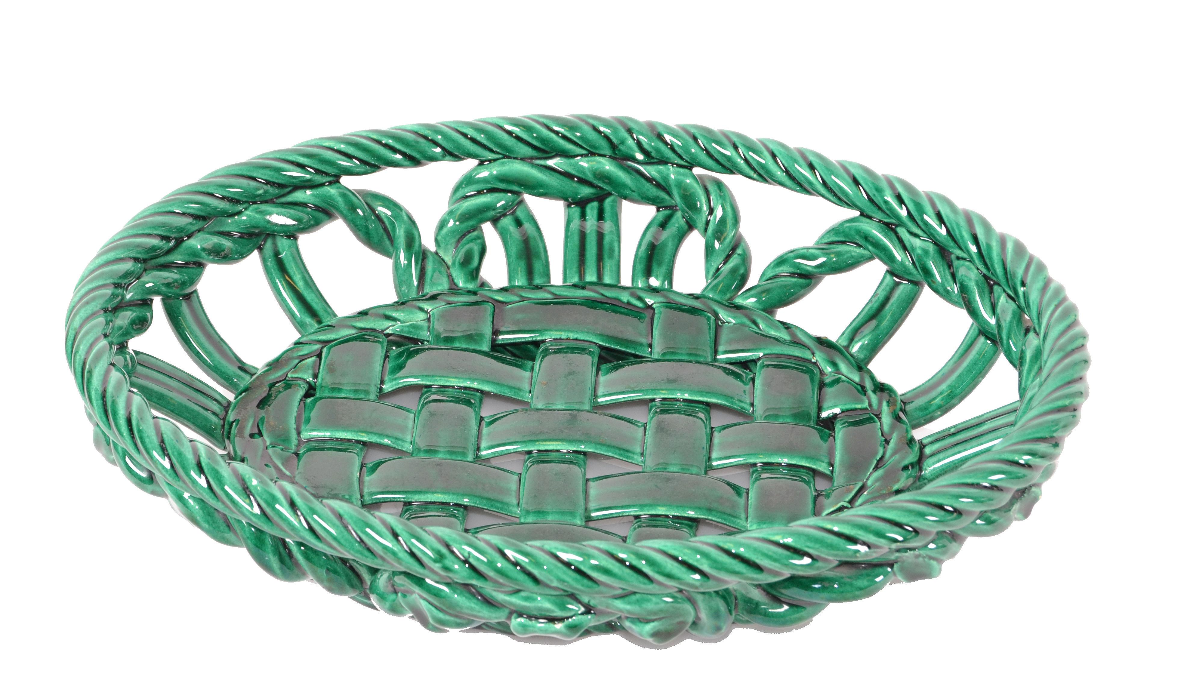 Mid-Century Modern Vallauris France Glazed Ceramic Woven Green Basket, Bowl Century Modern Pottery