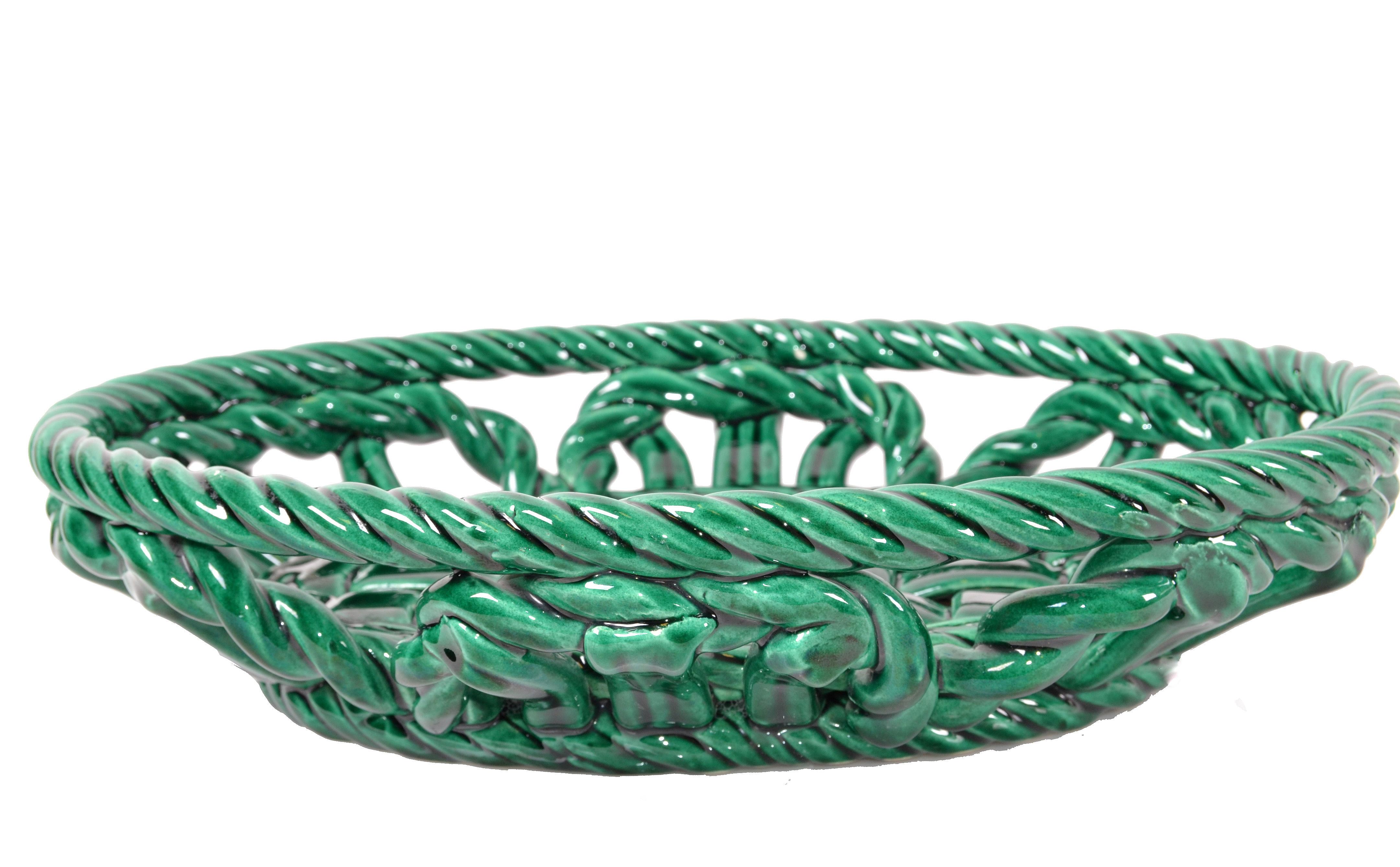 20th Century Vallauris France Glazed Ceramic Woven Green Basket, Bowl Century Modern Pottery