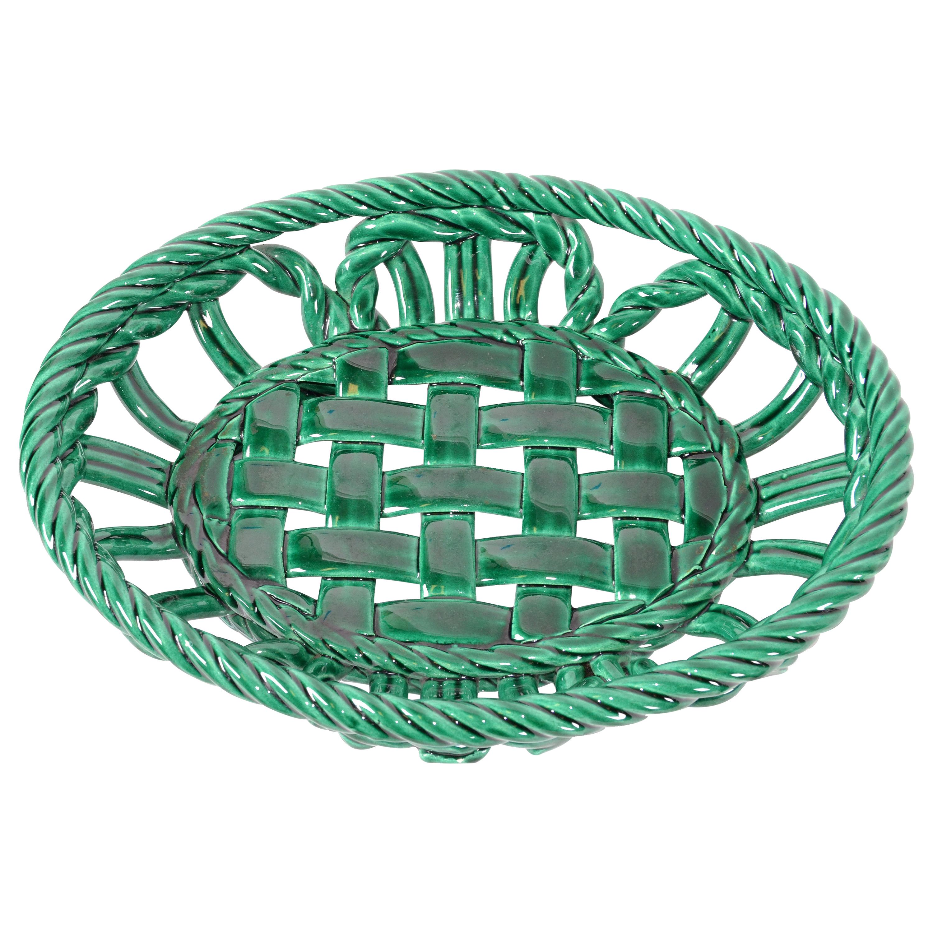 Vallauris France Glazed Ceramic Woven Green Basket, Bowl Century Modern Pottery