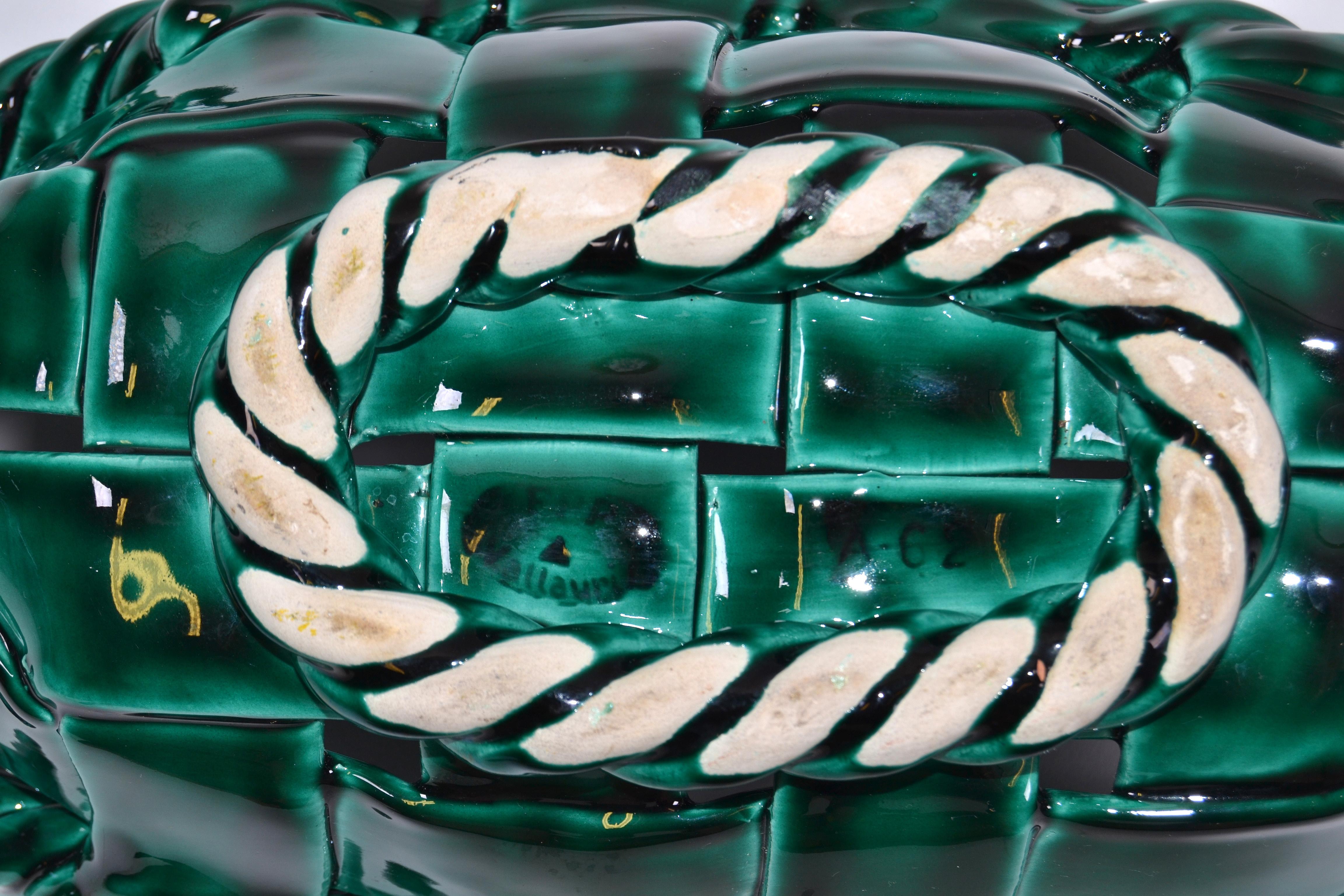 Vallauris France Glazed Woven Ceramic Basket Emerald Green Mid-Century Modern For Sale 4