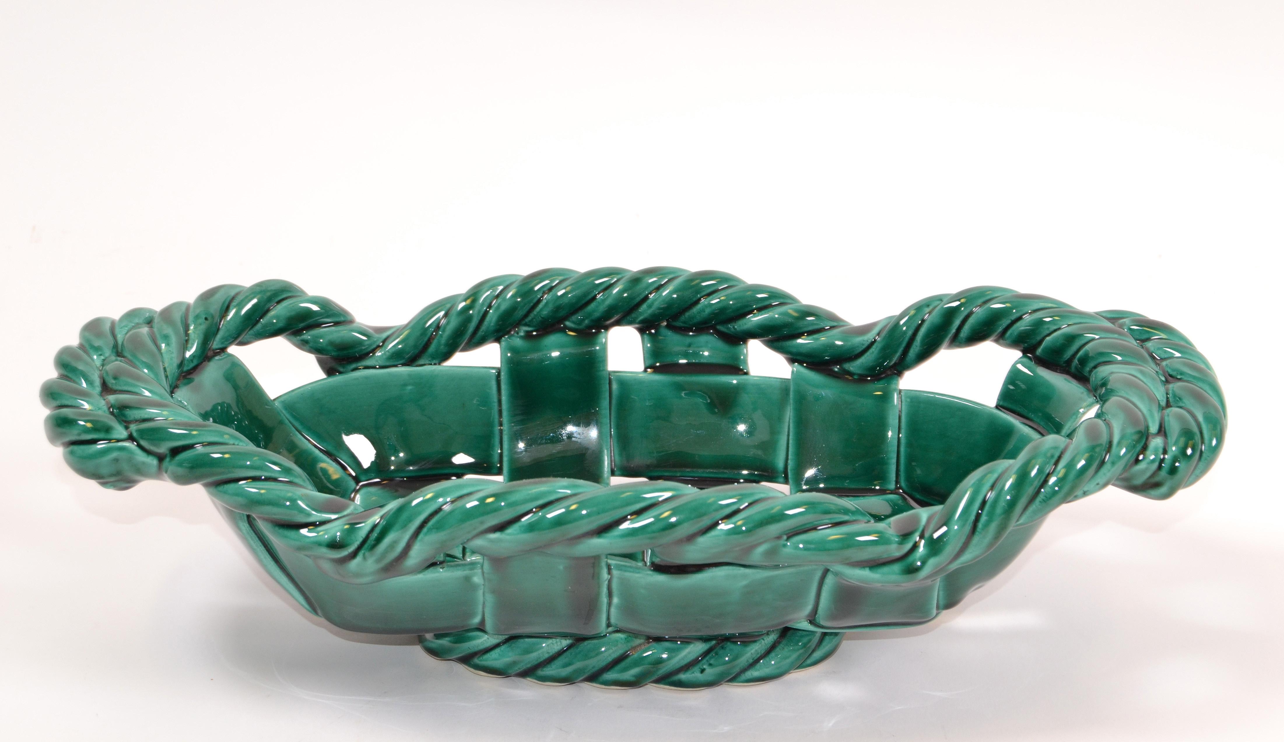Vallauris France Glazed Woven Ceramic Basket Emerald Green Mid-Century Modern For Sale 5
