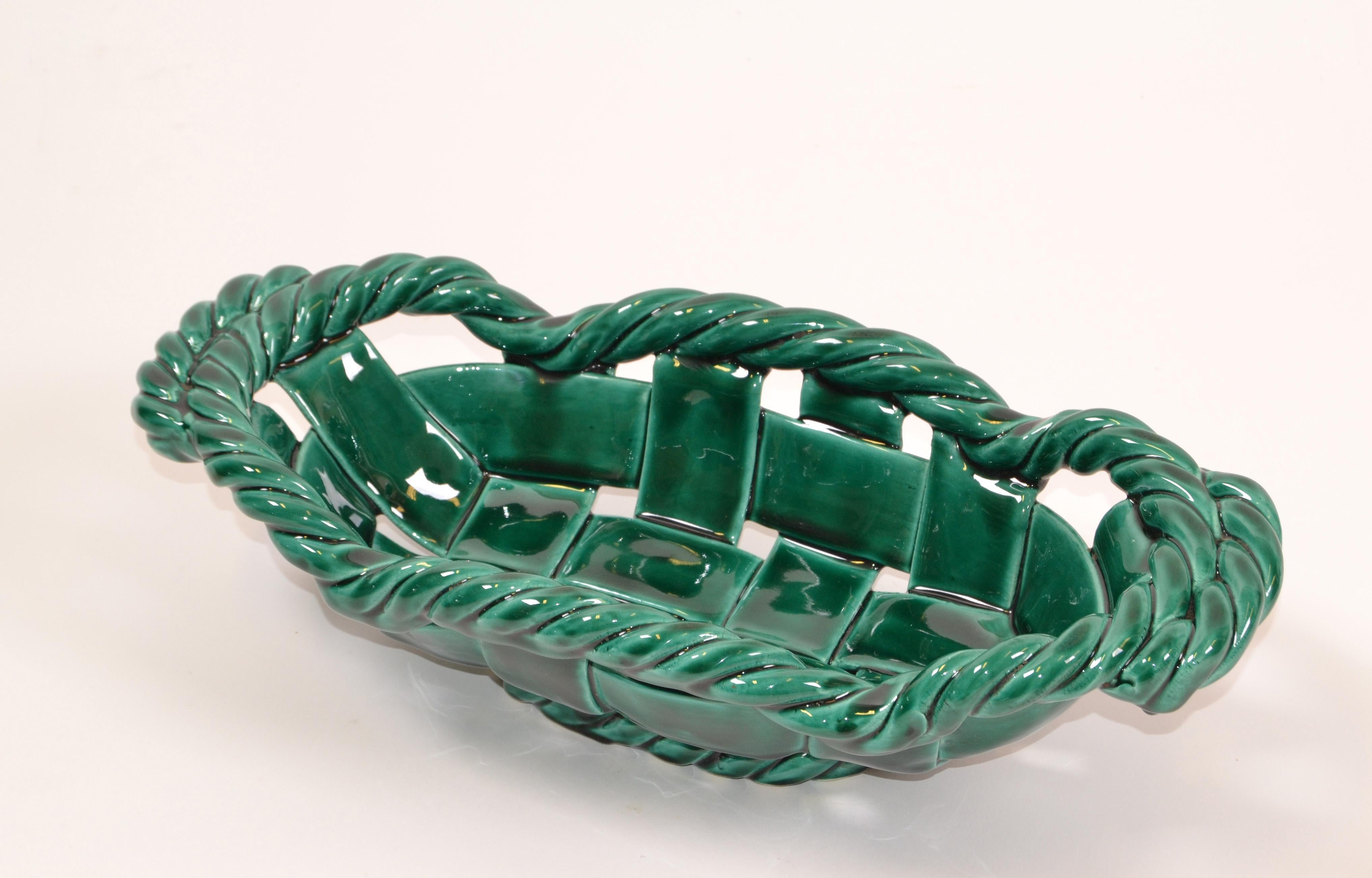 French Vallauris France Glazed Woven Ceramic Basket Emerald Green Mid-Century Modern For Sale