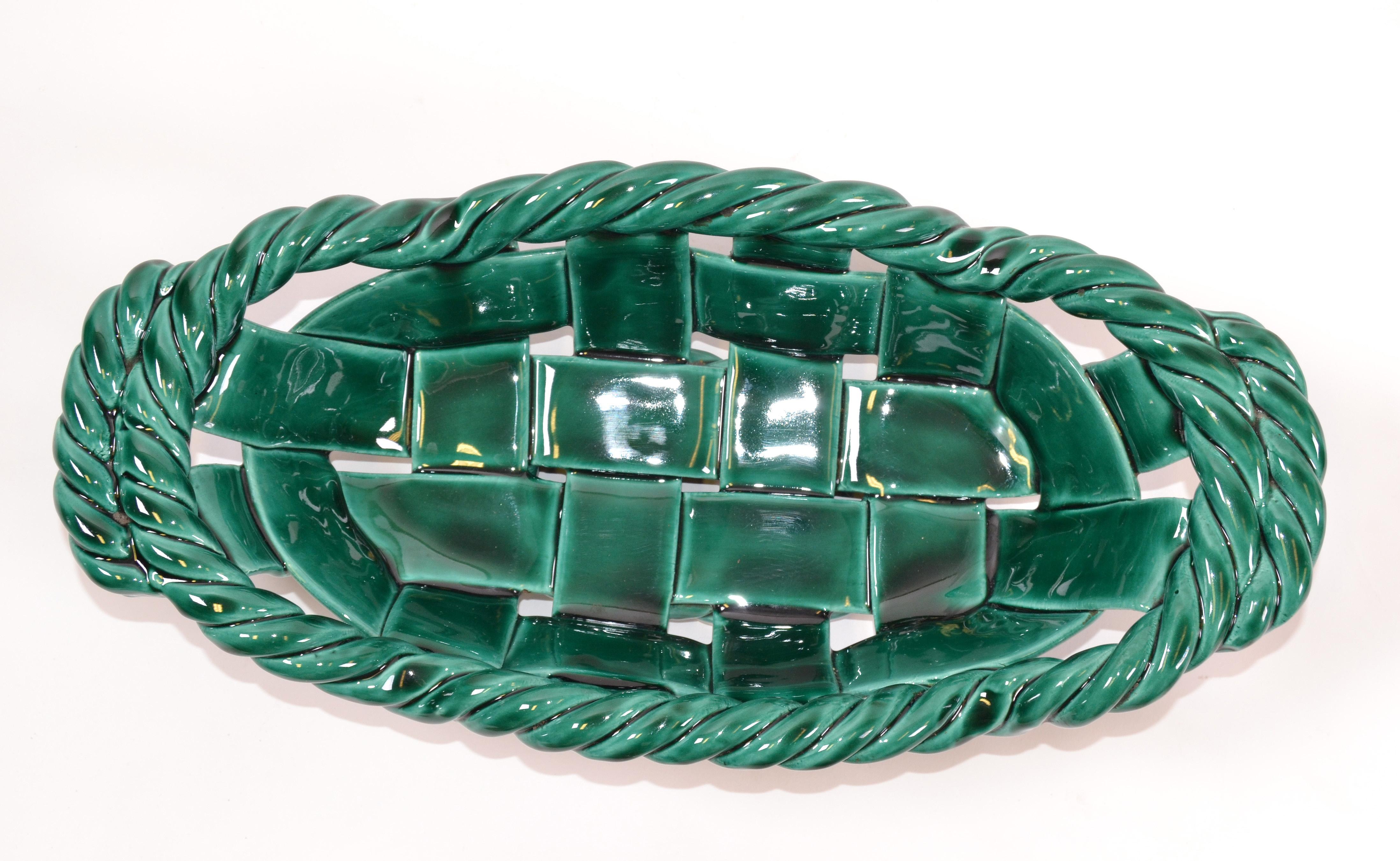 Hand-Woven Vallauris France Glazed Woven Ceramic Basket Emerald Green Mid-Century Modern For Sale
