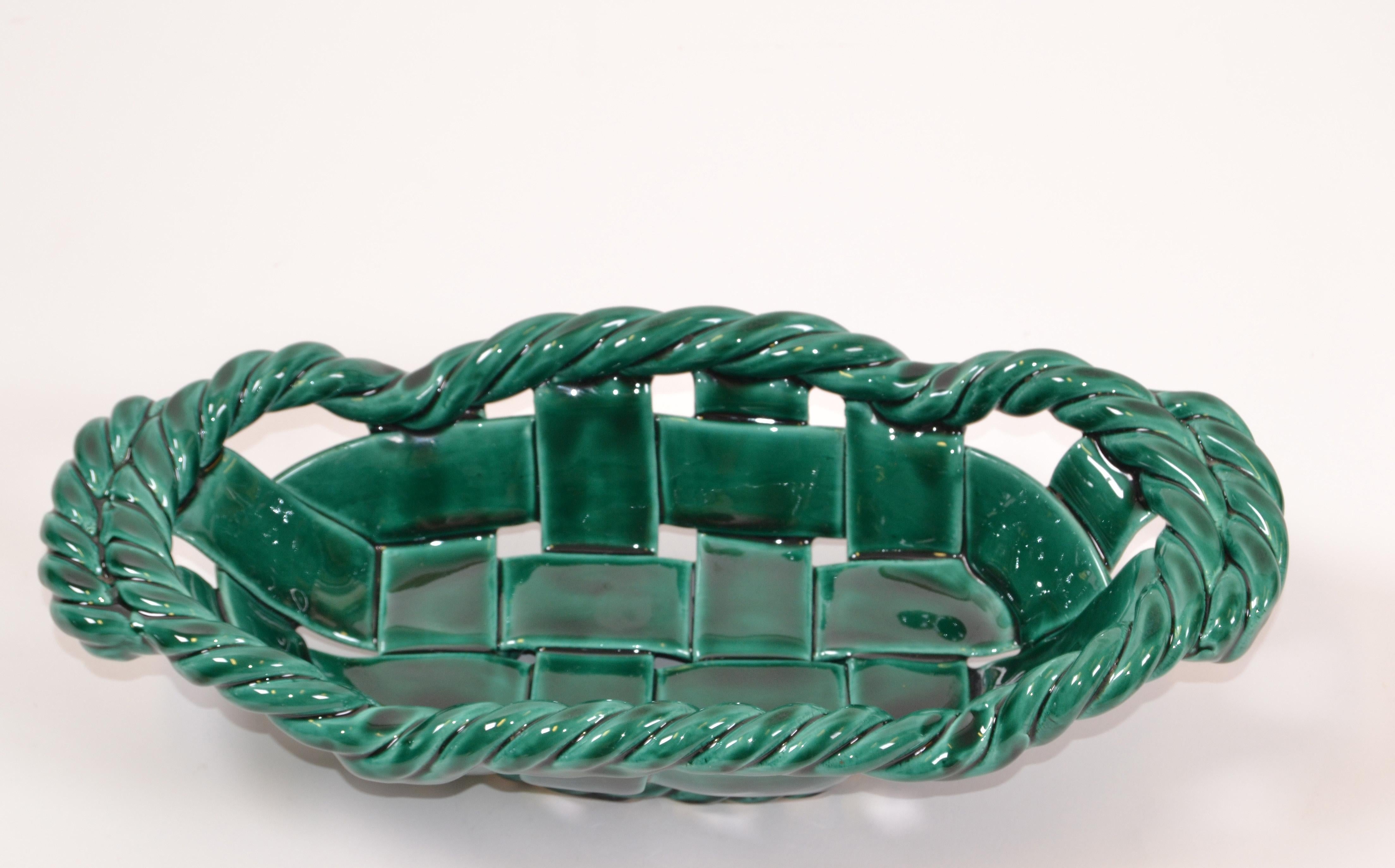 Vallauris France Glazed Woven Ceramic Basket Emerald Green Mid-Century Modern In Good Condition For Sale In Miami, FL