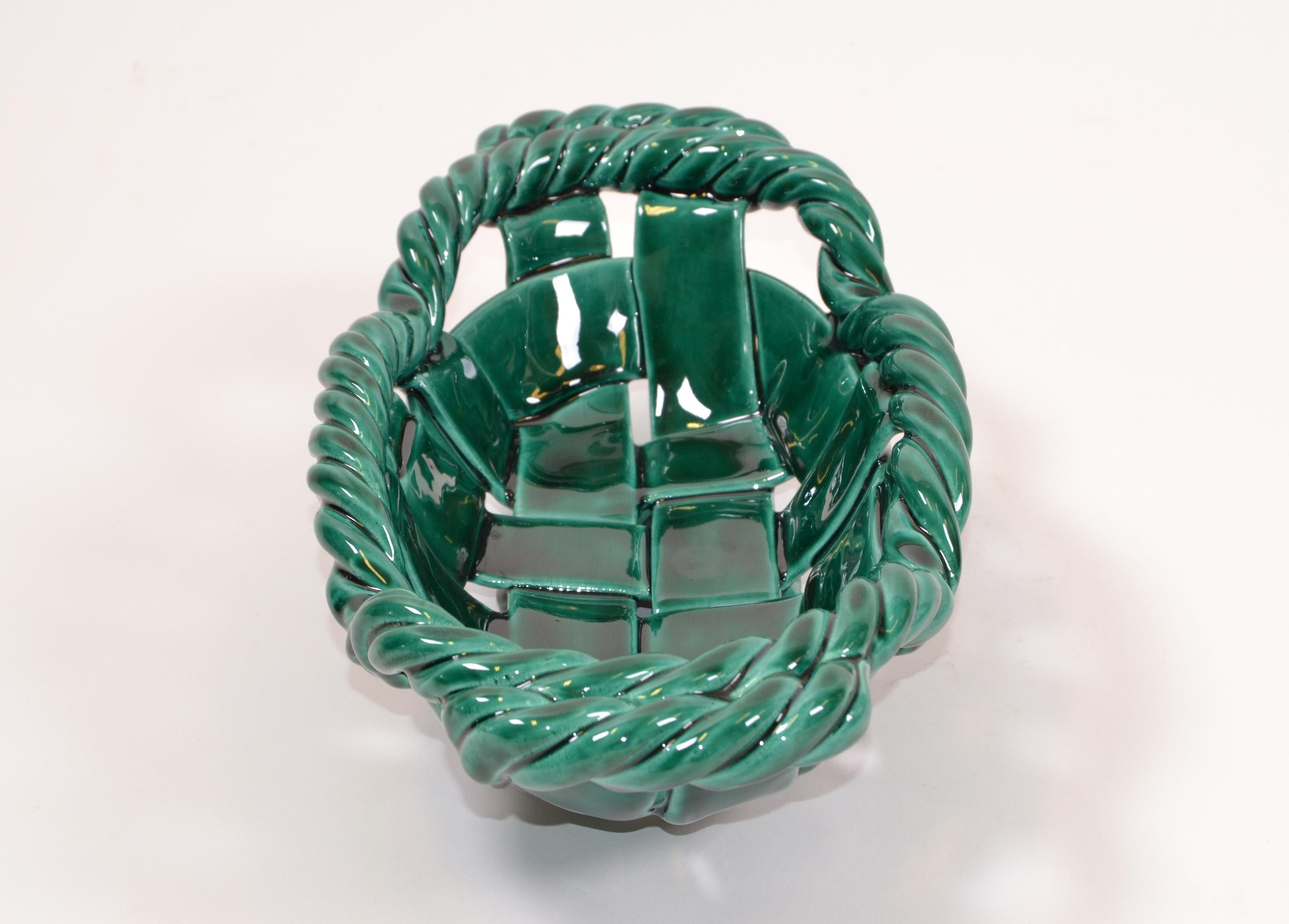 Mid-20th Century Vallauris France Glazed Woven Ceramic Basket Emerald Green Mid-Century Modern For Sale