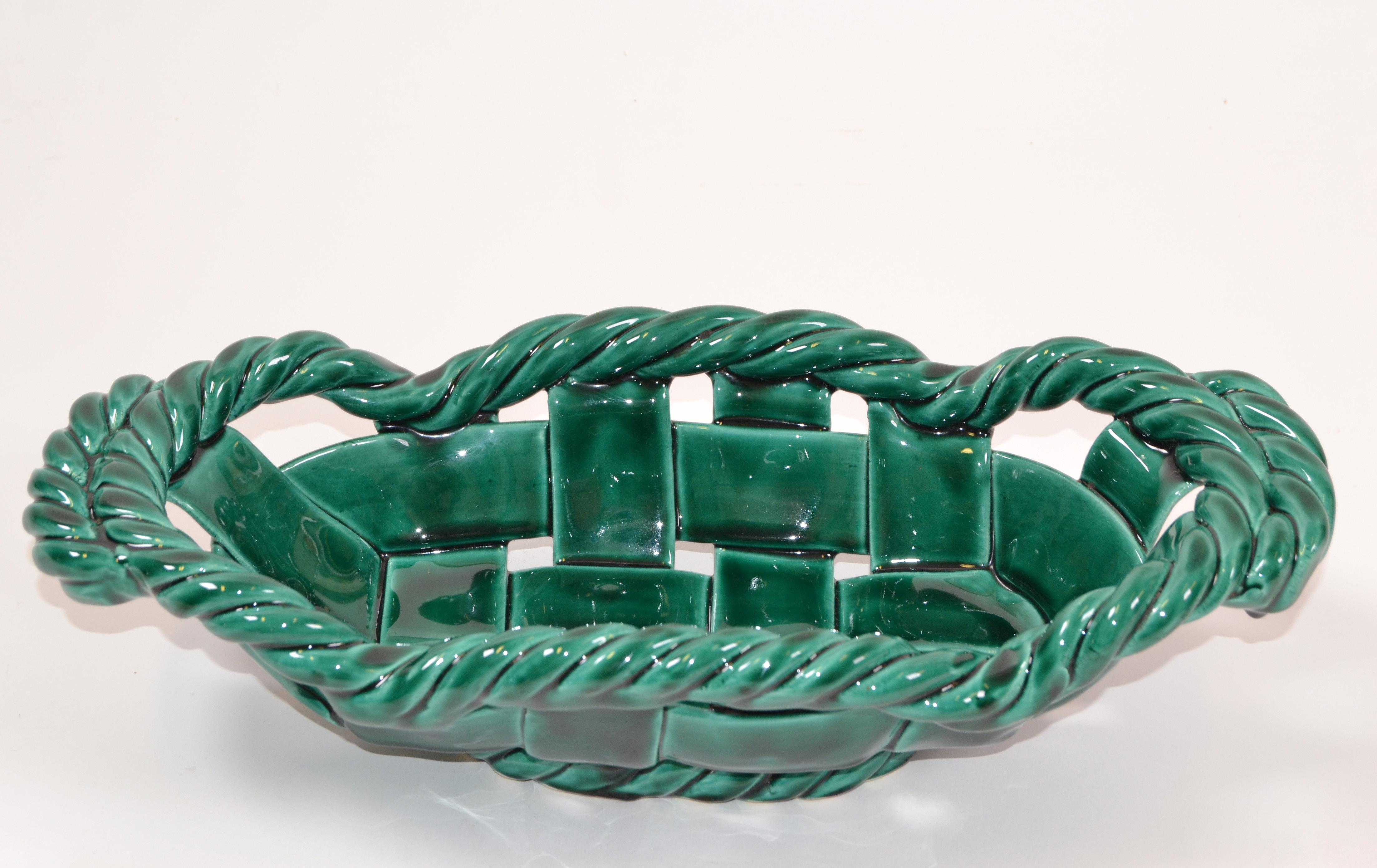 Vallauris France Glazed Woven Ceramic Basket Emerald Green Mid-Century Modern For Sale 2