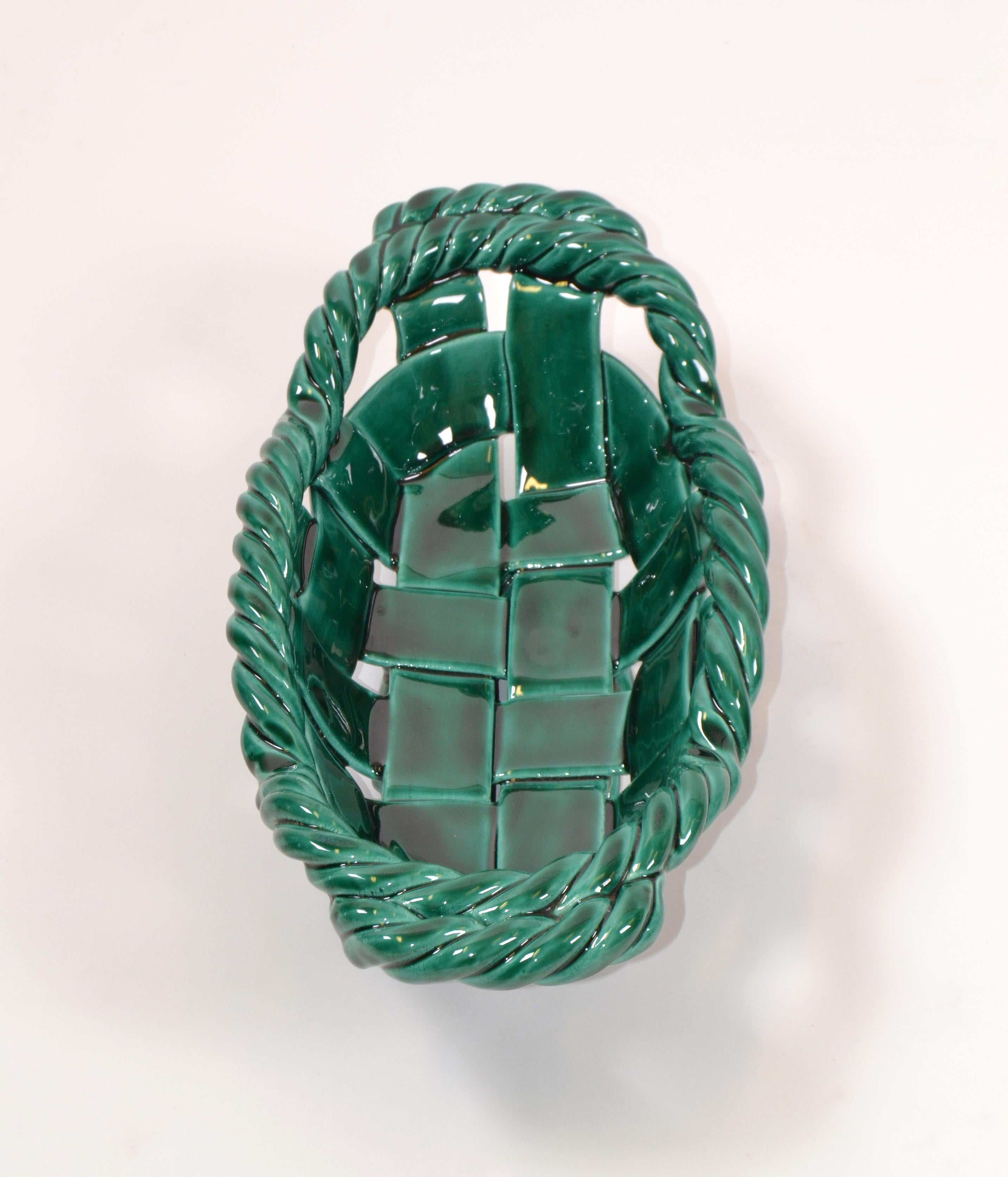 Vallauris France Glazed Woven Ceramic Basket Emerald Green Mid-Century Modern For Sale 3