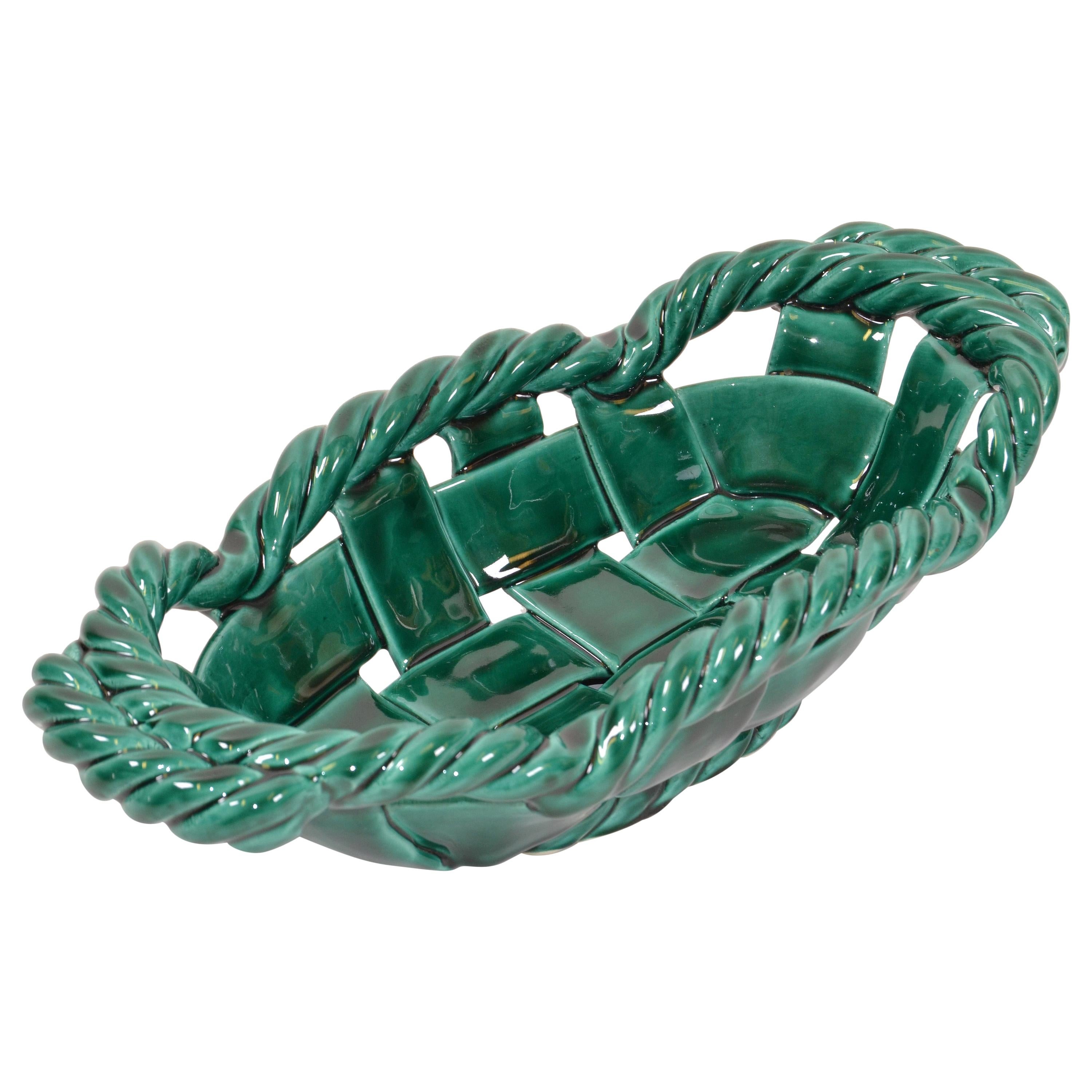 Vallauris France Glazed Woven Ceramic Basket Emerald Green Mid-Century Modern For Sale
