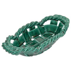 Vallauris France Glazed Woven Ceramic Basket Emerald Green Mid-Century Modern