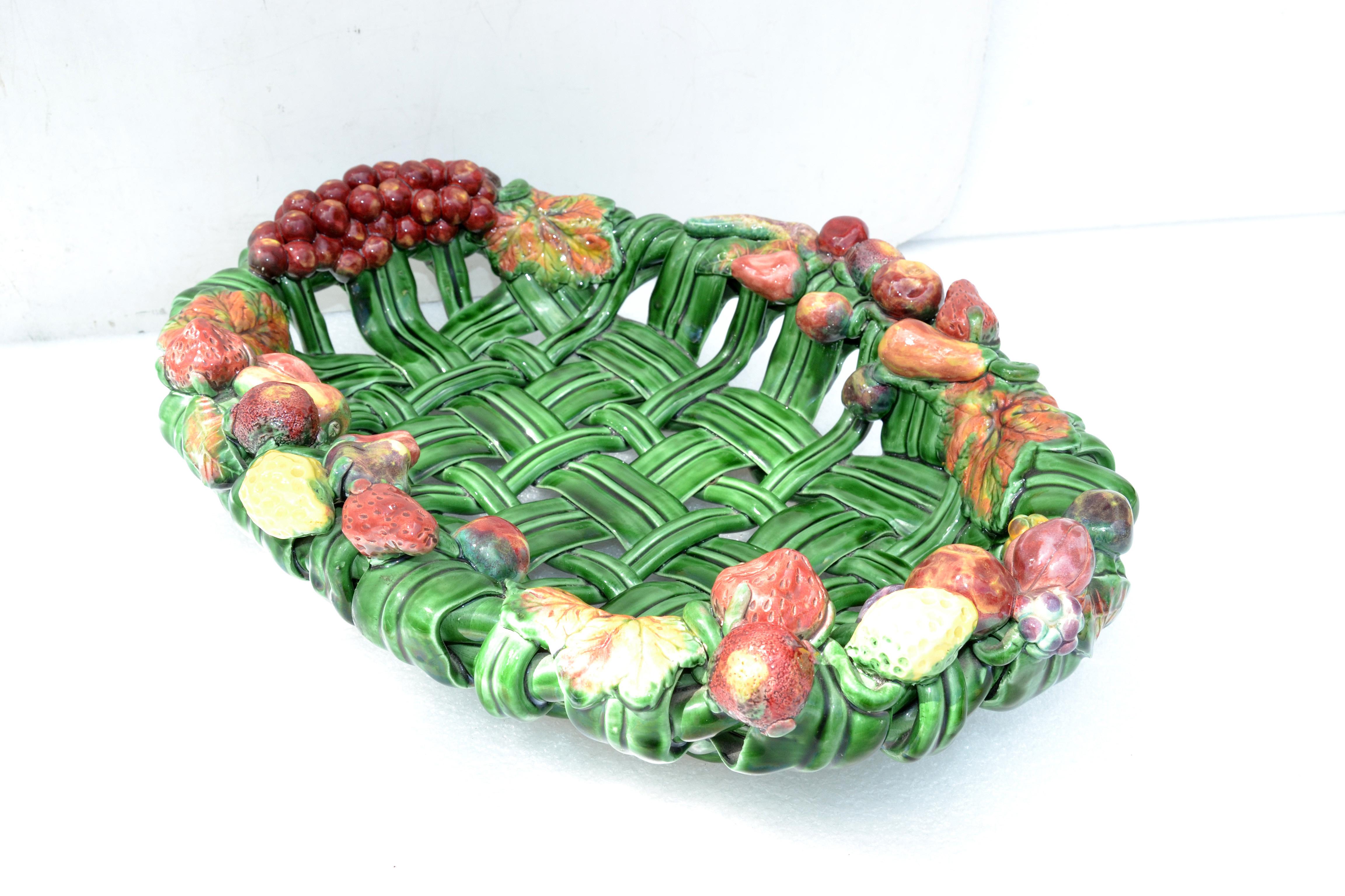 Vallauris France Glazed Woven Ceramic Basket Pink & Green Strawberry Pottery 70 4