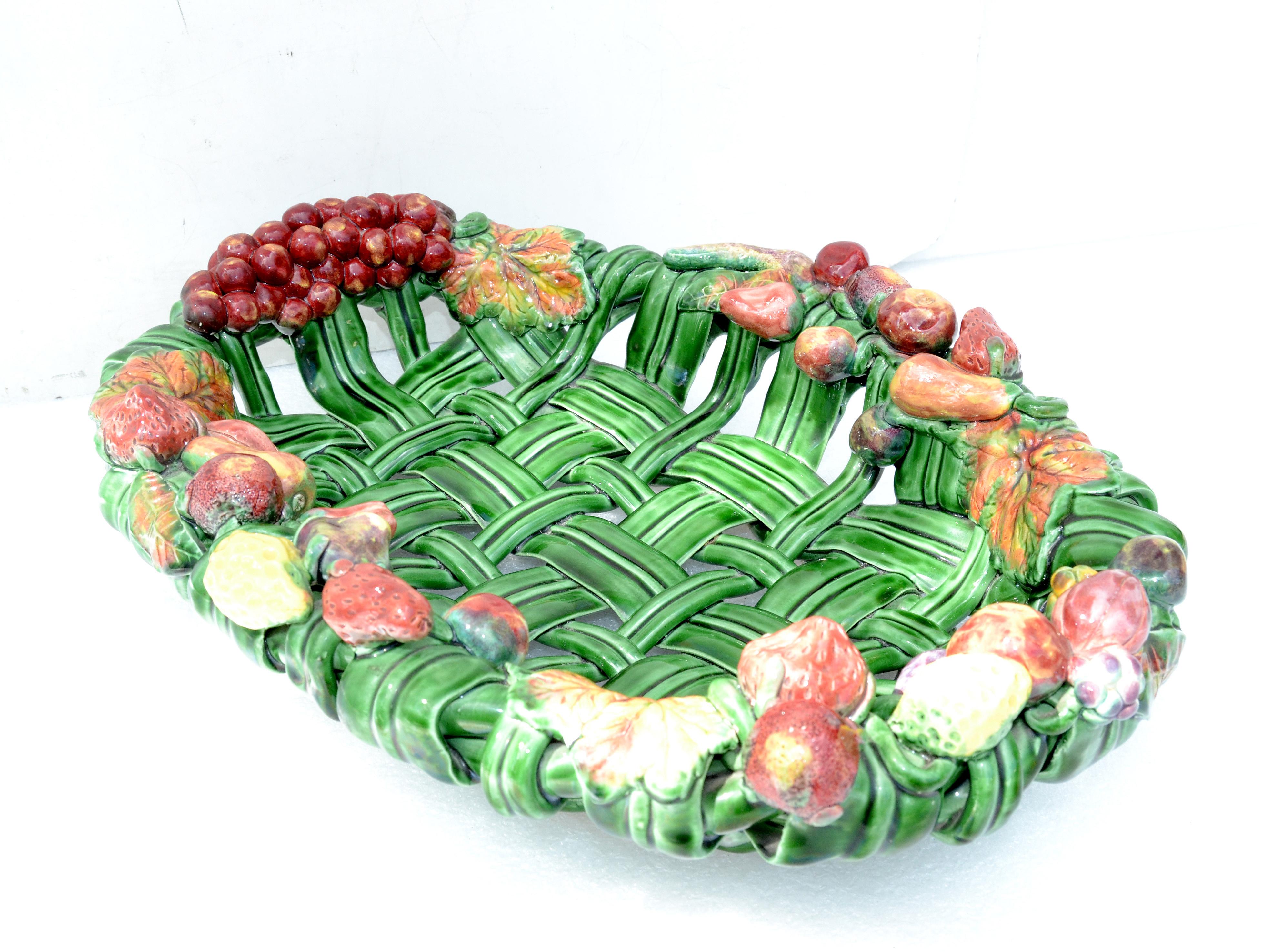 Mid-Century Modern Vallauris France Glazed Woven Ceramic Basket Pink & Green Strawberry Pottery 70