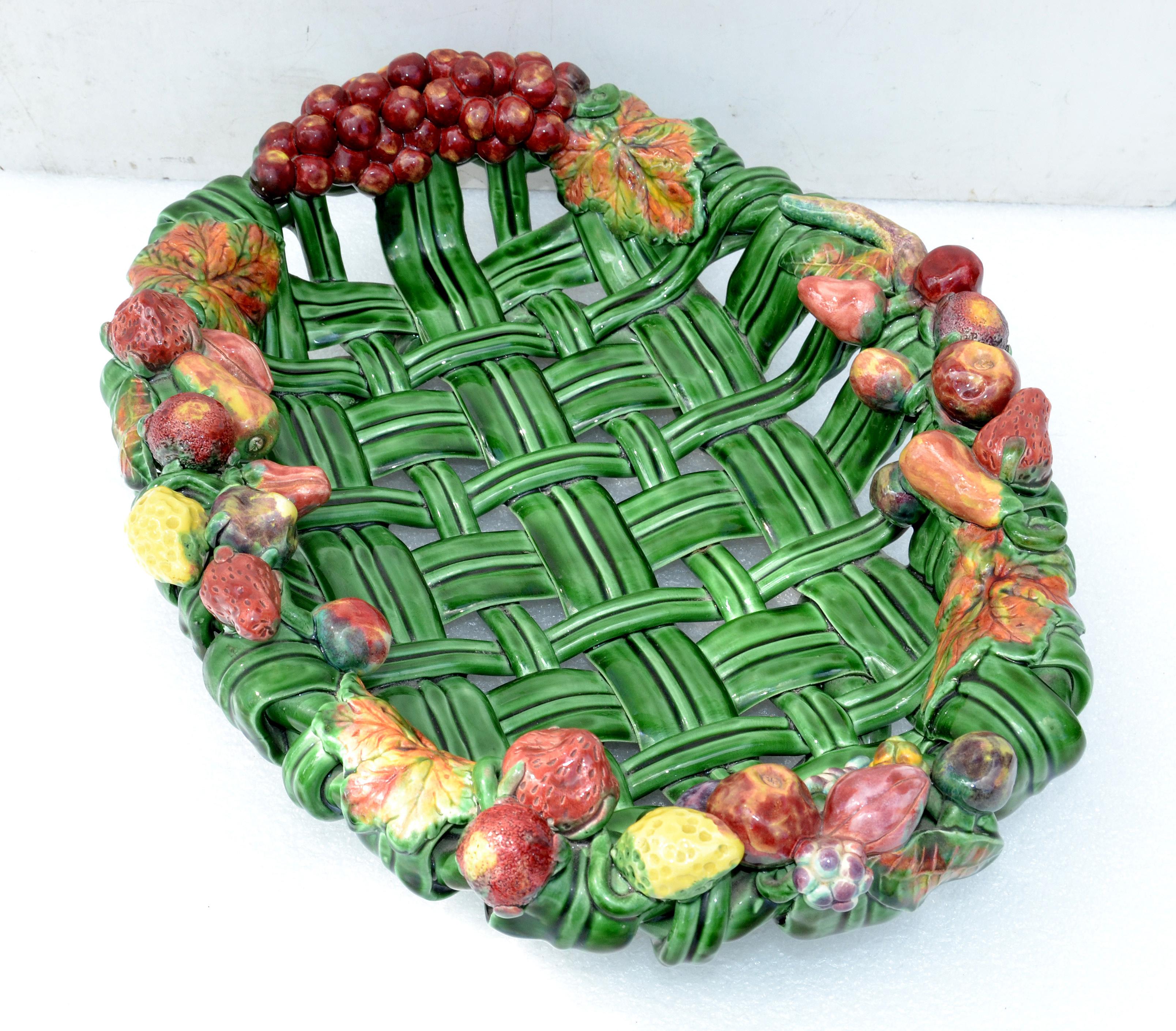 French Vallauris France Glazed Woven Ceramic Basket Pink & Green Strawberry Pottery 70