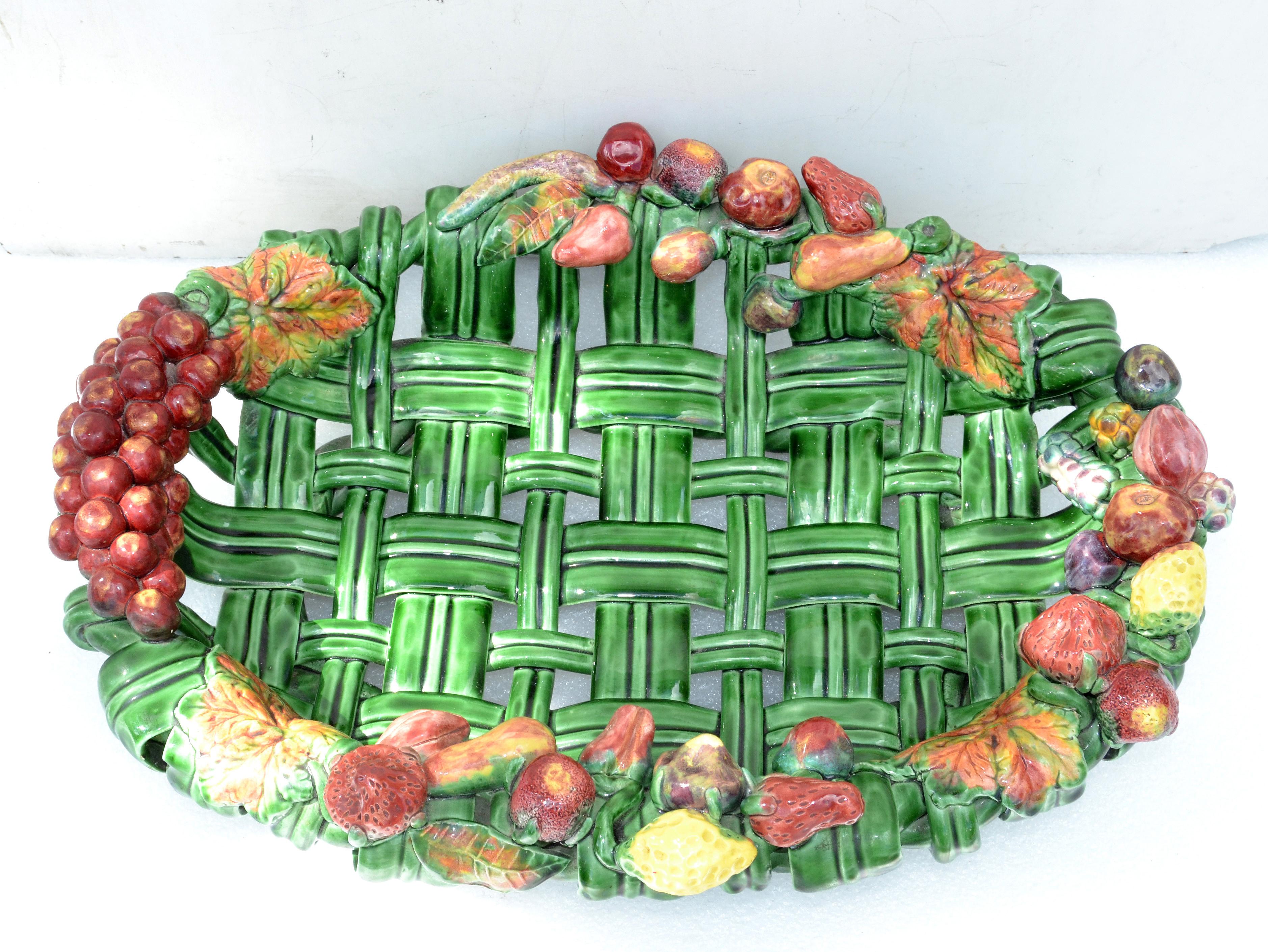 Hand-Crafted Vallauris France Glazed Woven Ceramic Basket Pink & Green Strawberry Pottery 70