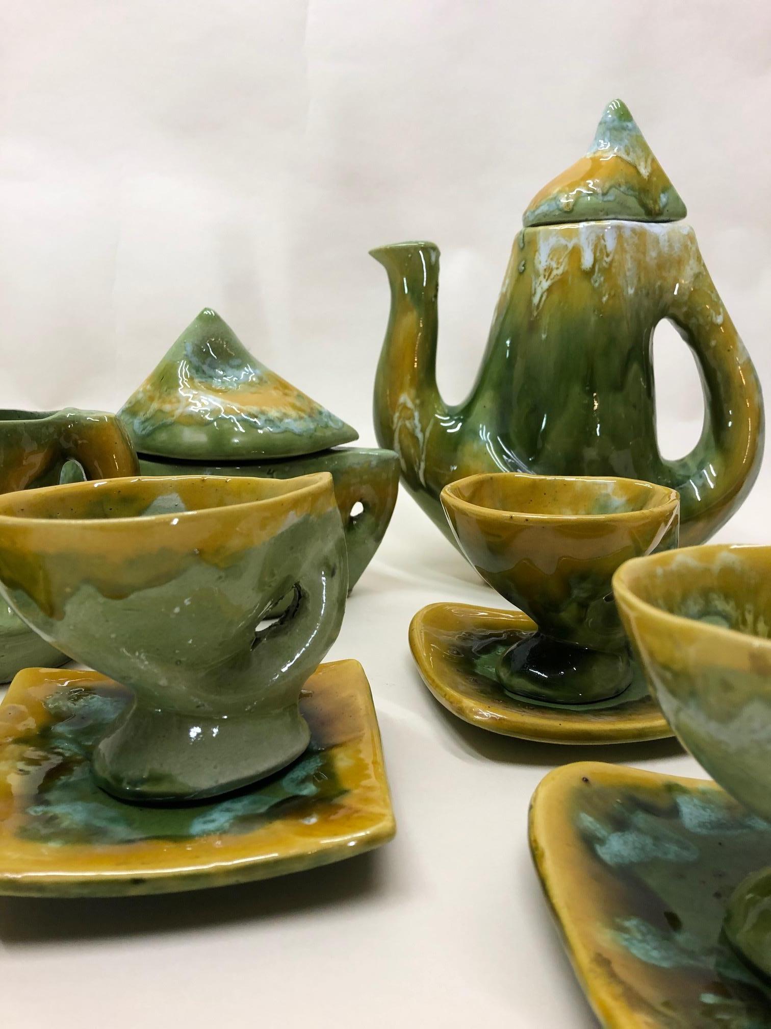 Hand-Painted Vallauris France Green and Yellow Coffee Set / Tea Set For Sale