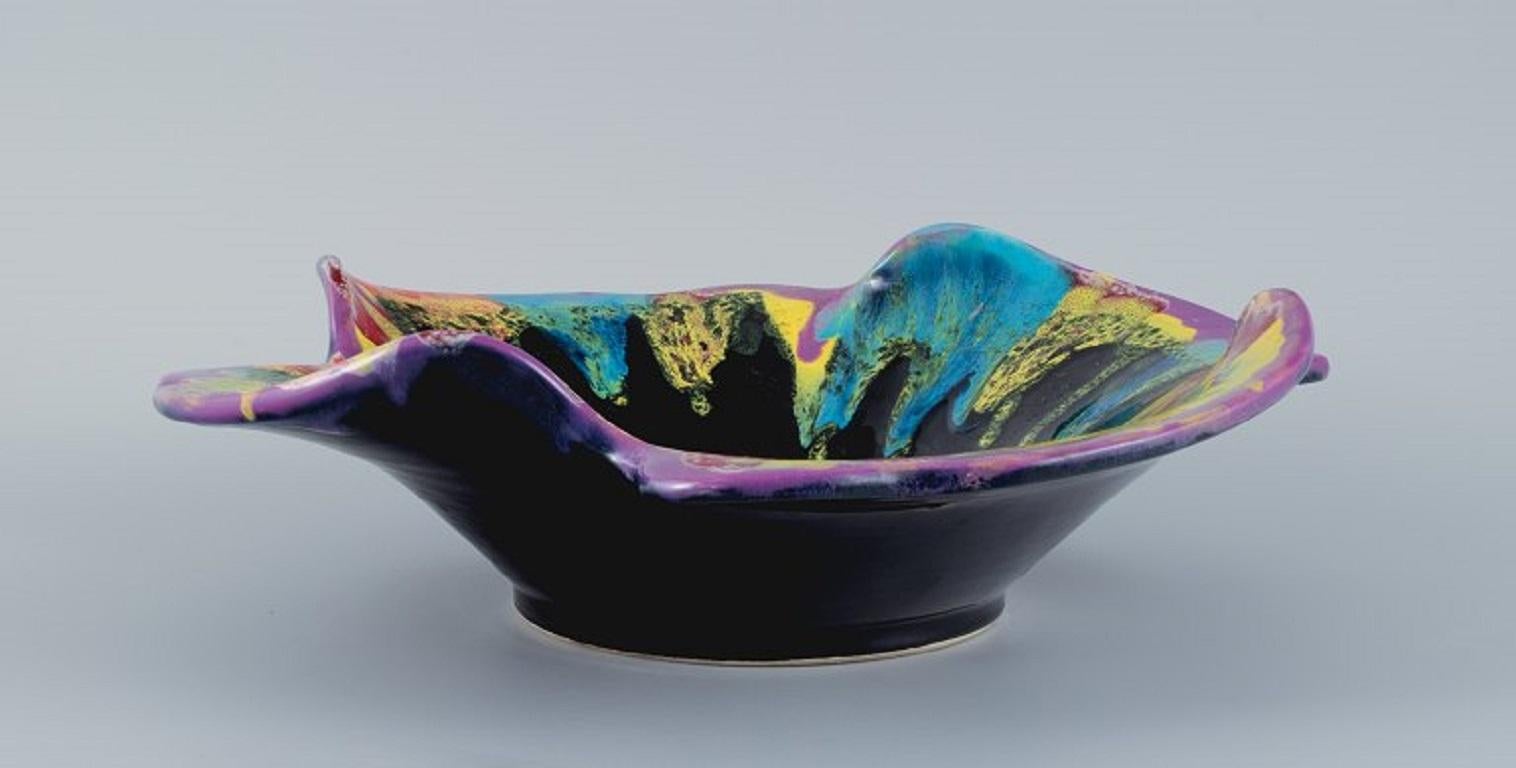 French Vallauris, France, Large Ceramic Bowl in Multicoloured Glaze, circa 1970s For Sale