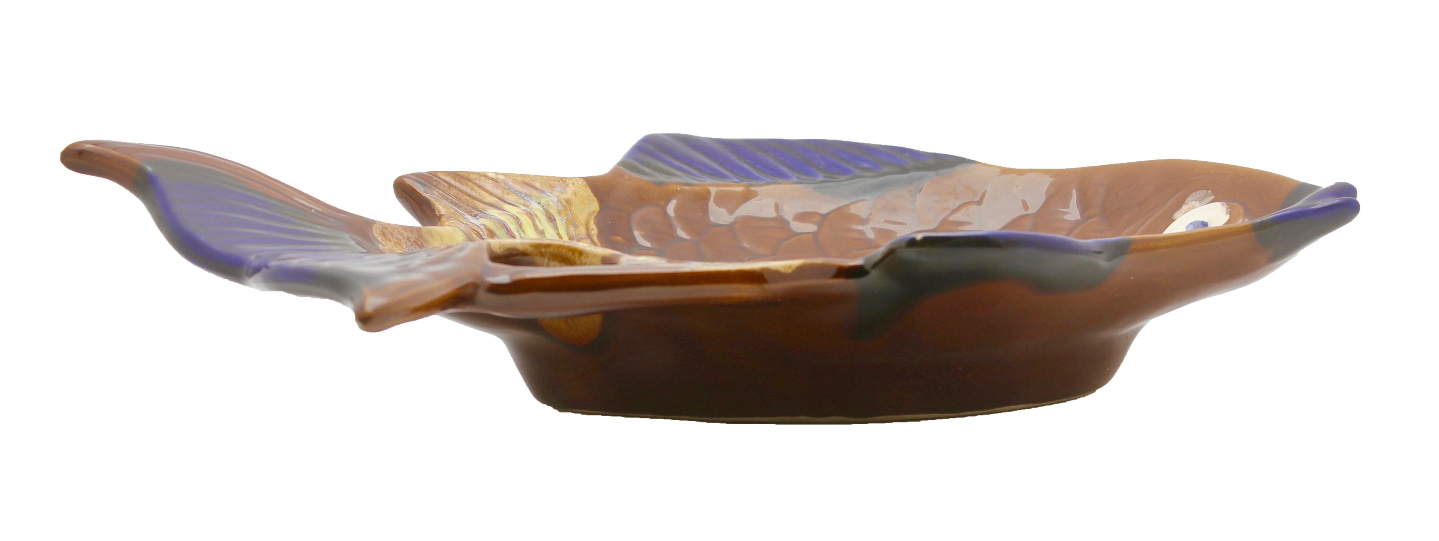 Mid-Century Modern Vallauris 'France' Pottery Ceramic Fish Shape in Colors Brown and Blue